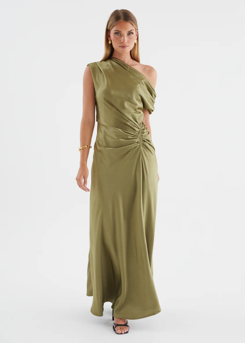 Flirtini One Shoulder Maxi Dress - Olive - Image 6