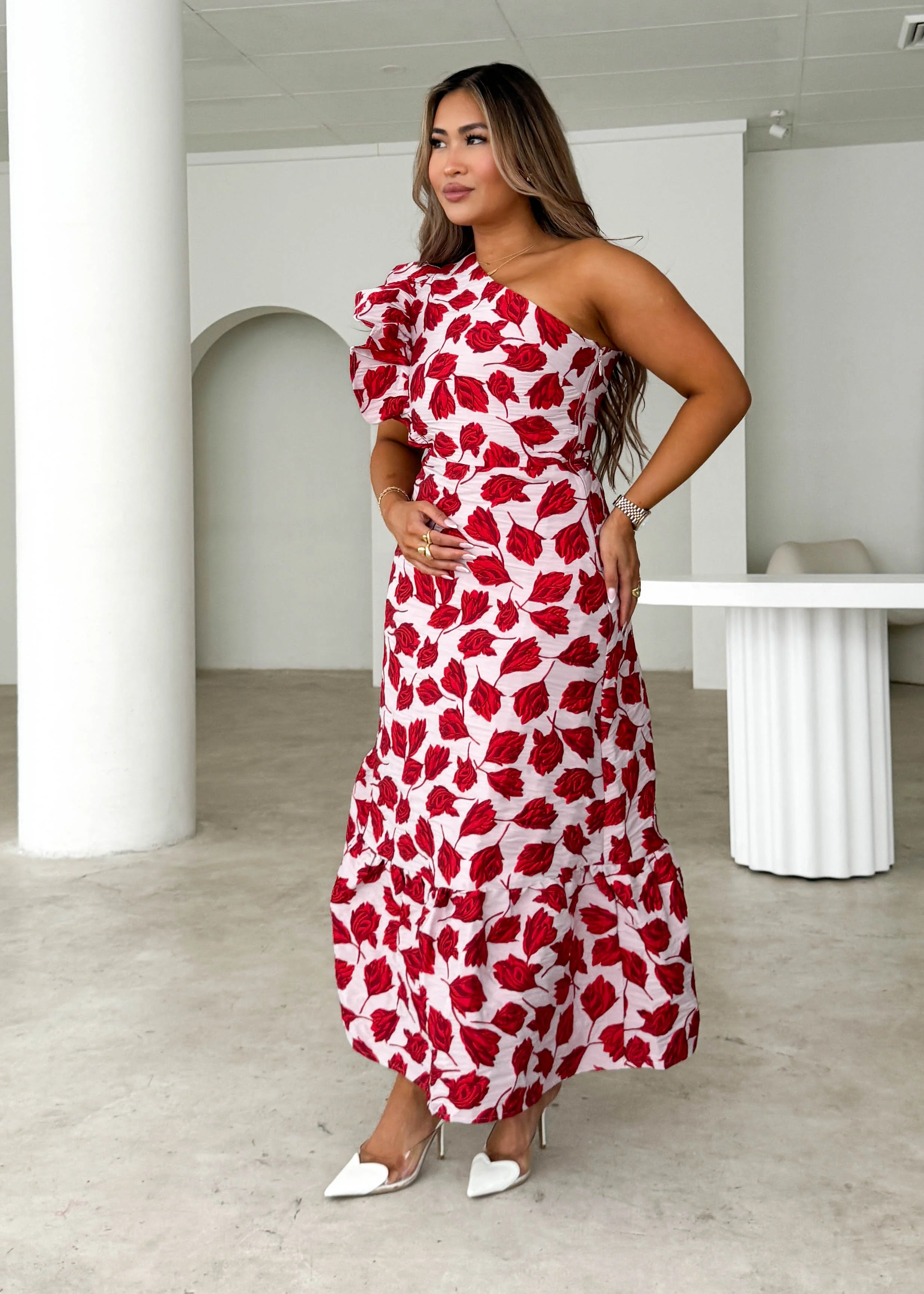 Florez One Shoulder Midi Dress - Red Rose - Image 8