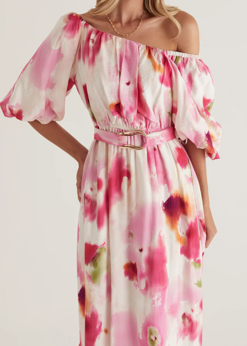 Halia Off Shoulder Midi Dress - Pink Watercolour - Image 6