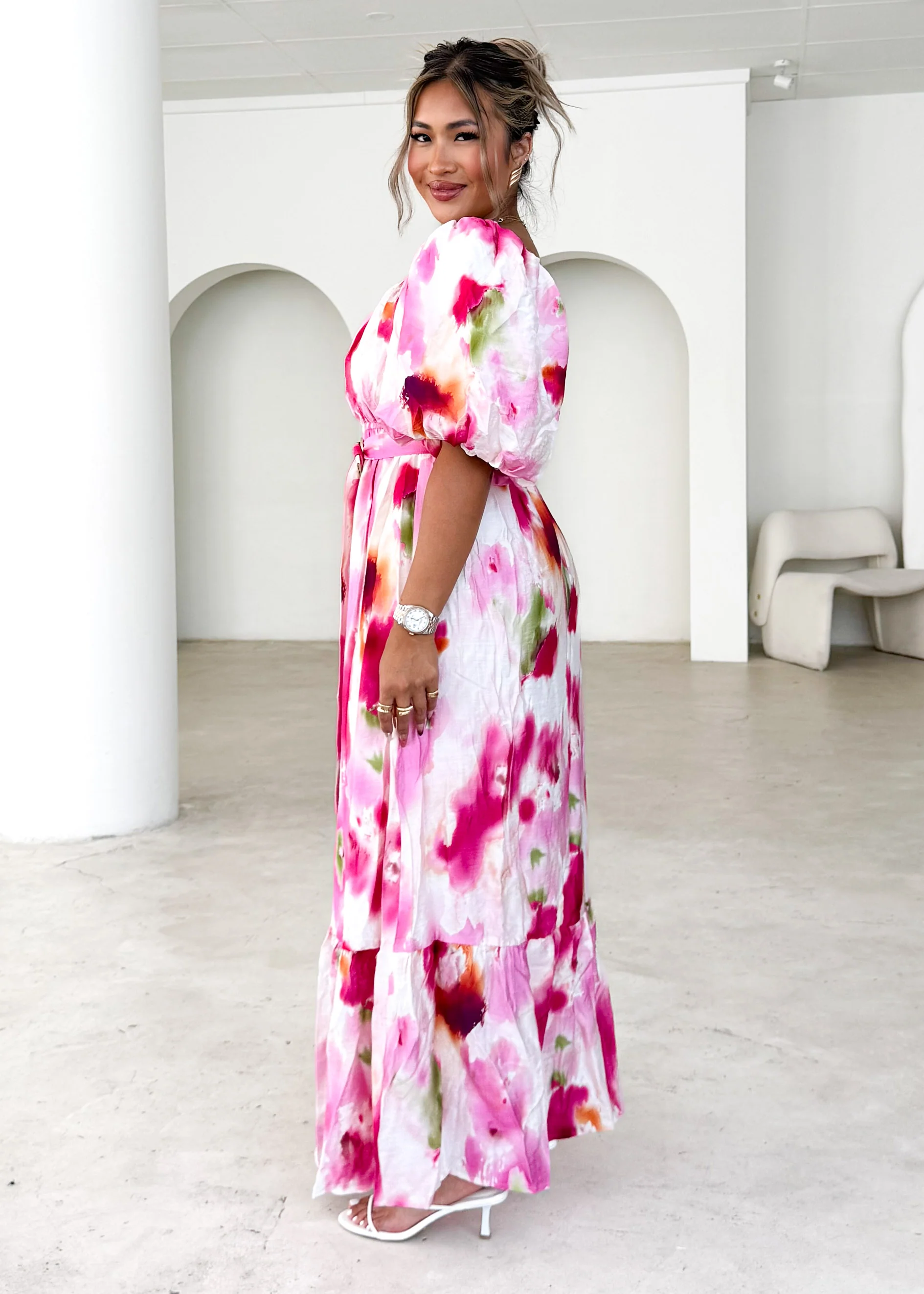 Halia Off Shoulder Midi Dress - Pink Watercolour - Image 8