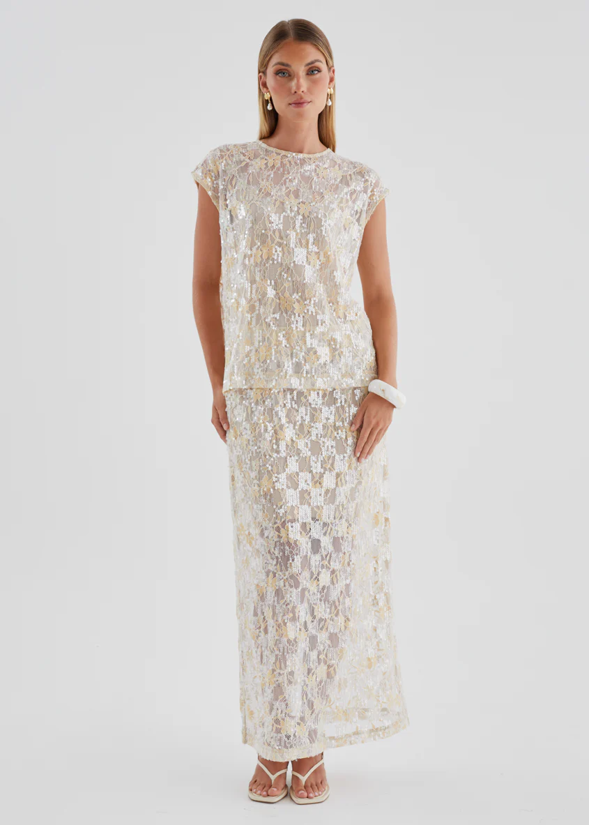 Inari Sequin Lace Maxi Skirt - Golden - Image 4