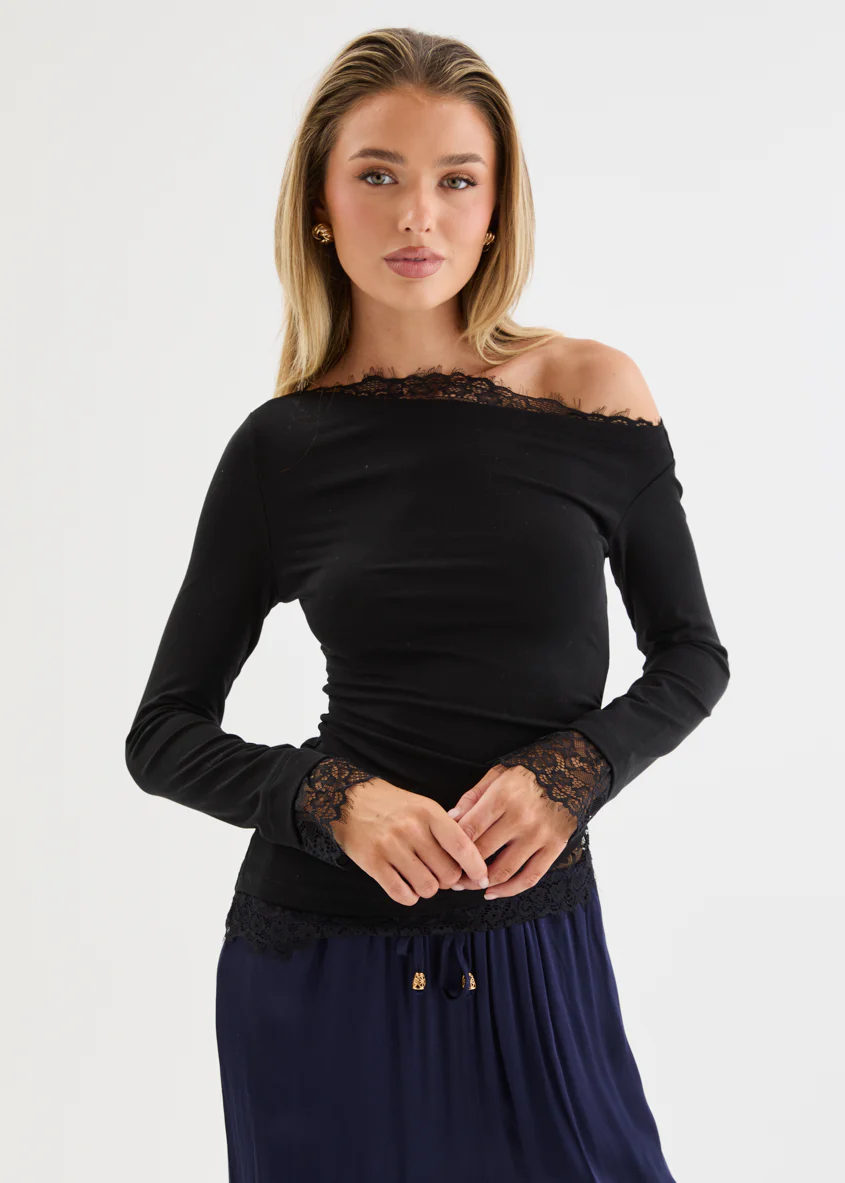 Isla Asymmetric Lace Top - Black