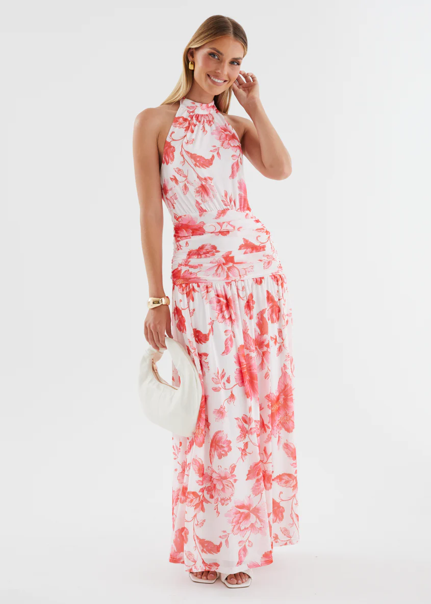 Ivannah Halter Mesh Maxi Dress - Pink Flowers - Image 2