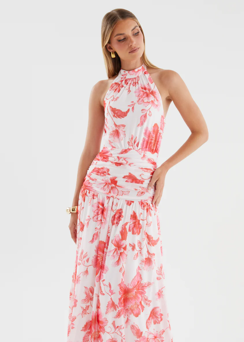 Ivannah Halter Mesh Maxi Dress - Pink Flowers - Image 3