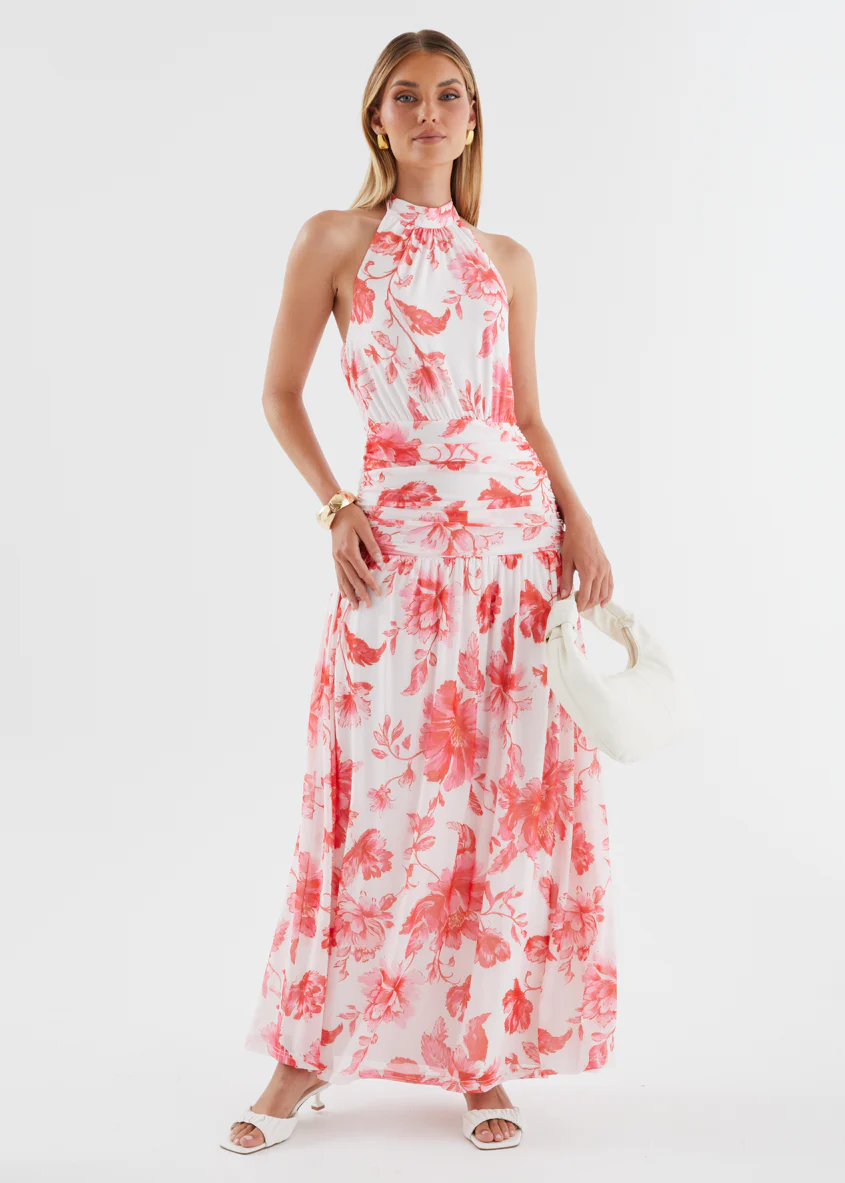 Ivannah Halter Mesh Maxi Dress - Pink Flowers - Image 4