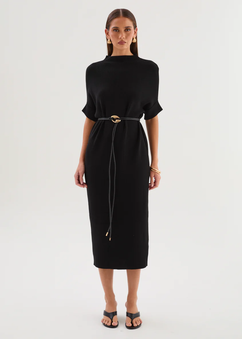 Jamarni Knit Midi Dress with Belt - Black - Image 4