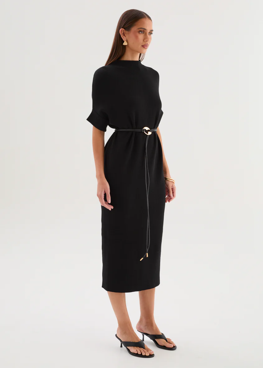 Jamarni Knit Midi Dress with Belt - Black - Image 5