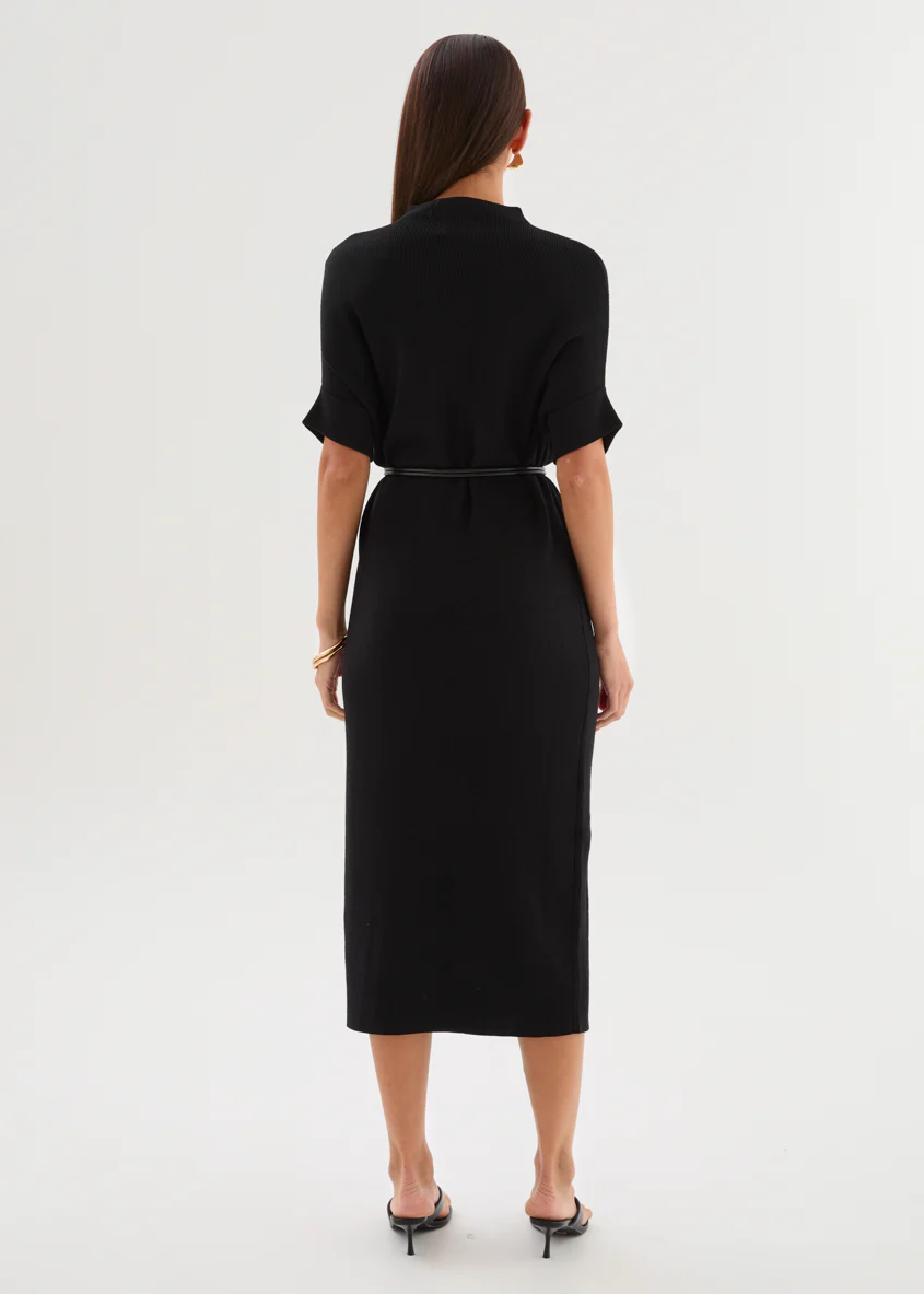 Jamarni Knit Midi Dress with Belt - Black - Image 6