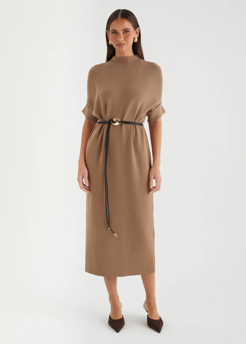 Jamarni Knit Midi Dress with Belt - Latte - Image 6