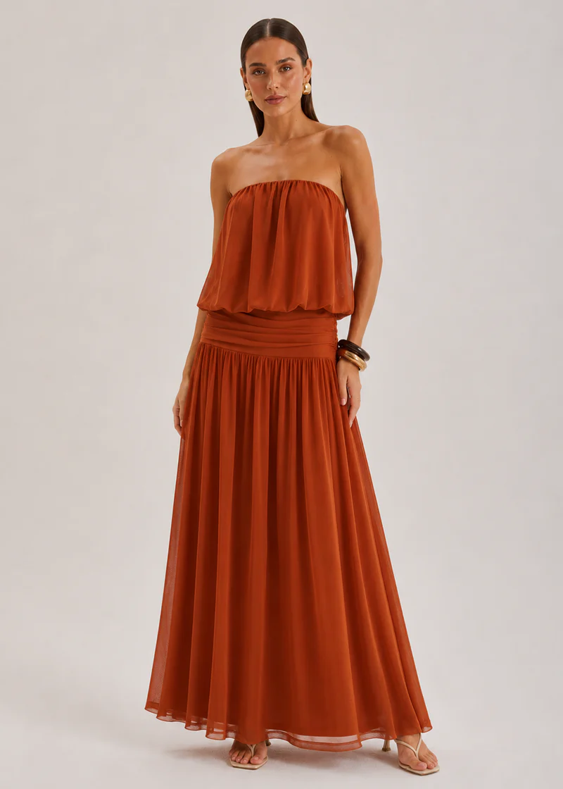 Janey Strapless Mesh Maxi Dress - Terracotta - Image 4