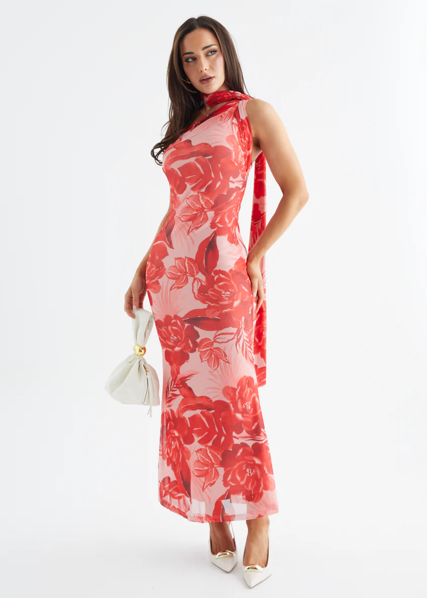 Jenna One Shoulder Maxi Dress - Red Flowers