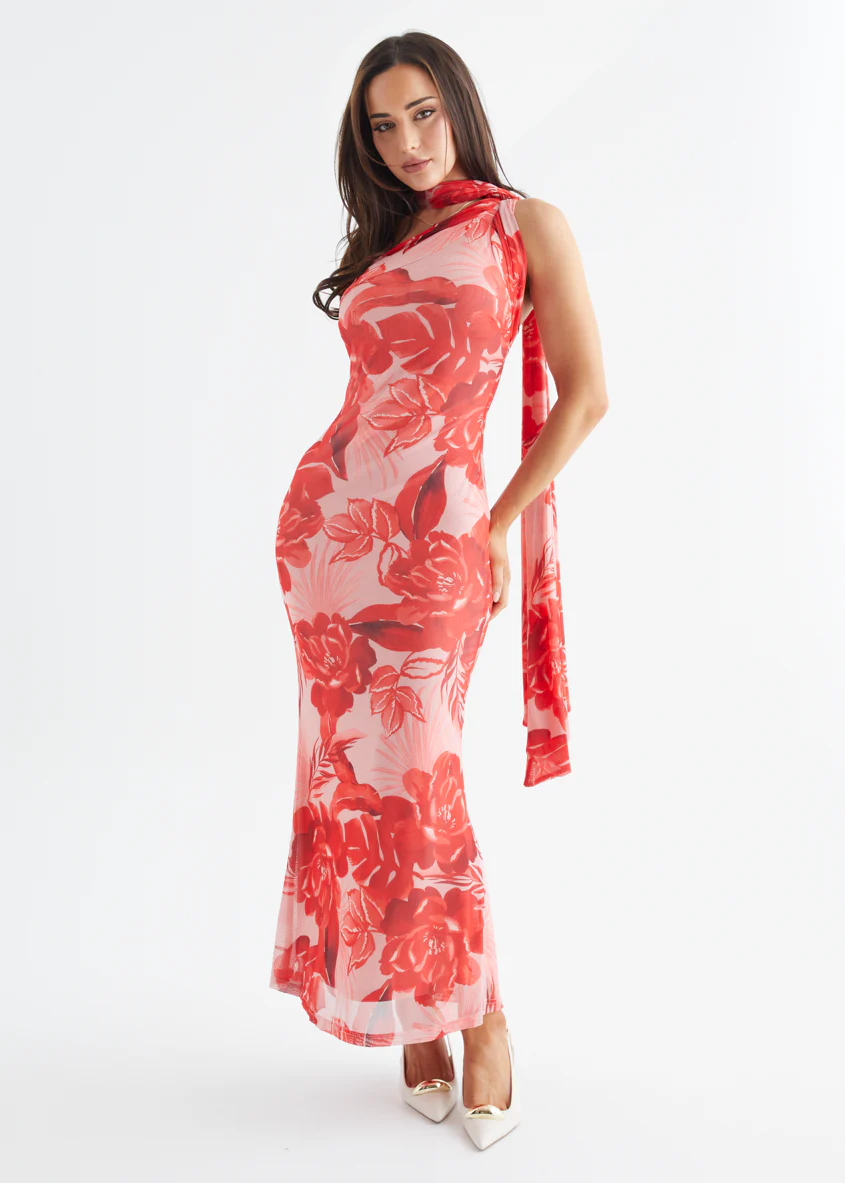 Jenna One Shoulder Maxi Dress - Red Flowers - Image 3
