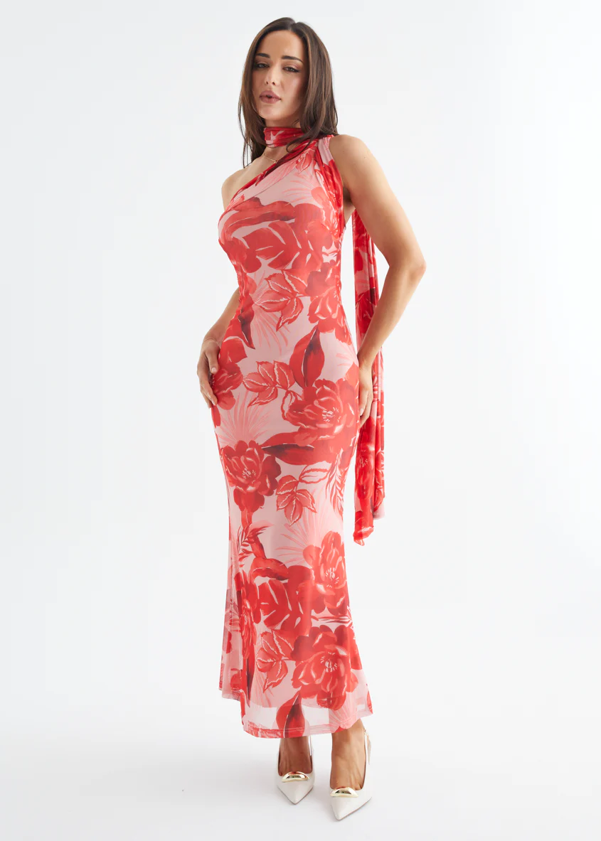 Jenna One Shoulder Maxi Dress - Red Flowers - Image 4