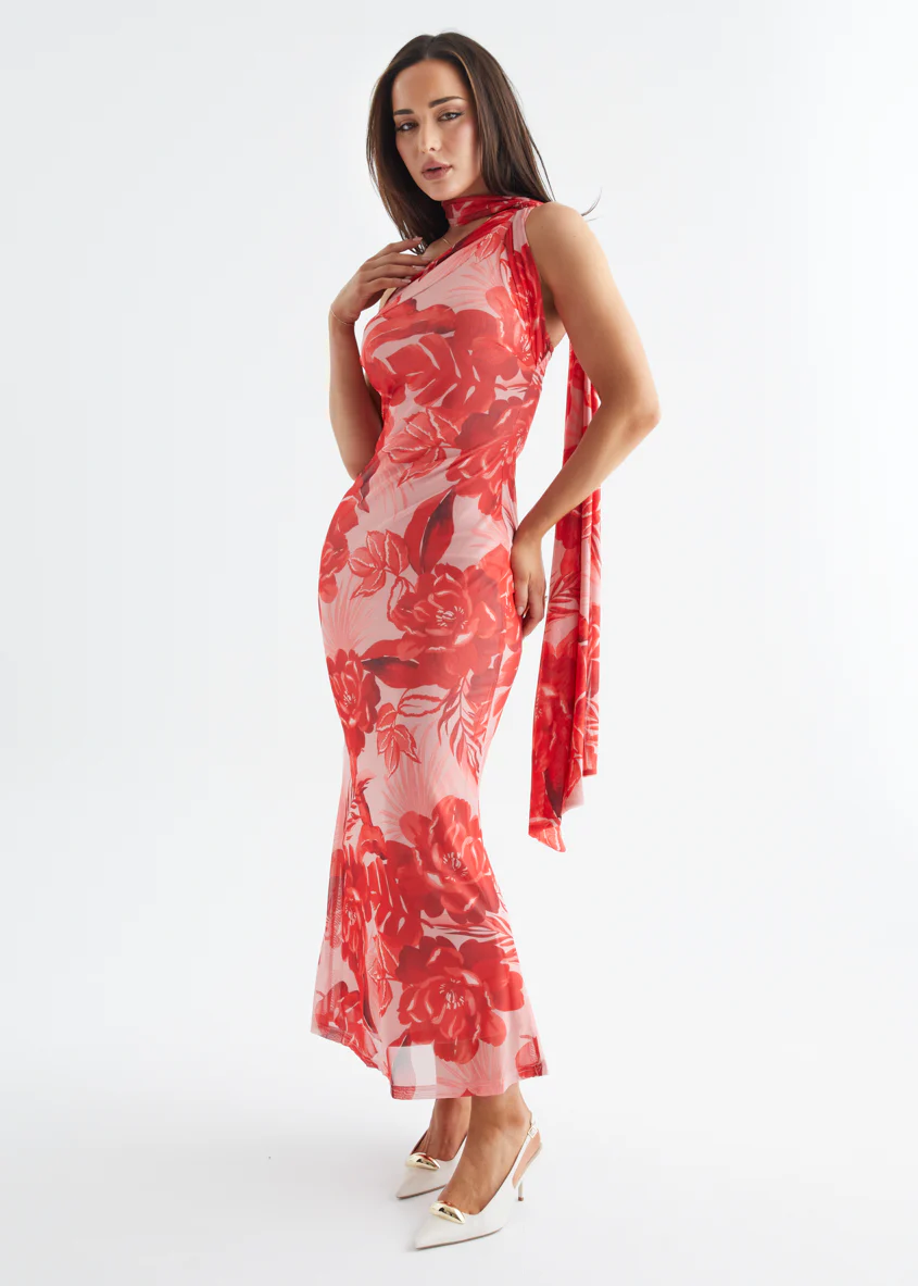 Jenna One Shoulder Maxi Dress - Red Flowers - Image 5