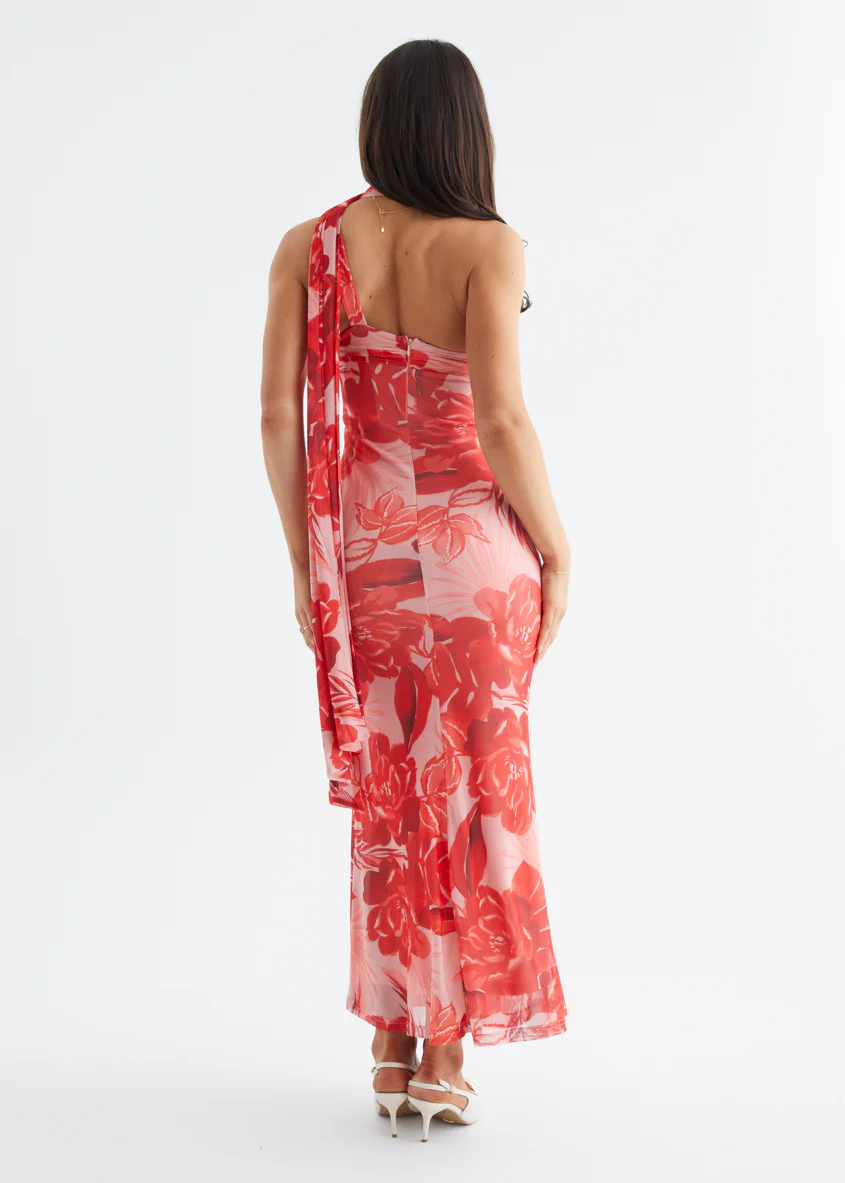 Jenna One Shoulder Maxi Dress - Red Flowers - Image 7