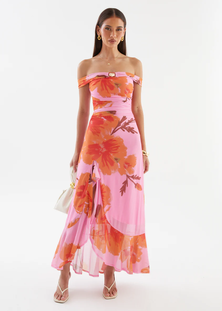 Jiya Off Shoulder Mesh Maxi Dress - Pink Hibiscus
