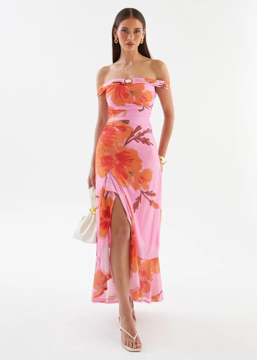 Jiya Off Shoulder Mesh Maxi Dress - Pink Hibiscus - Image 2