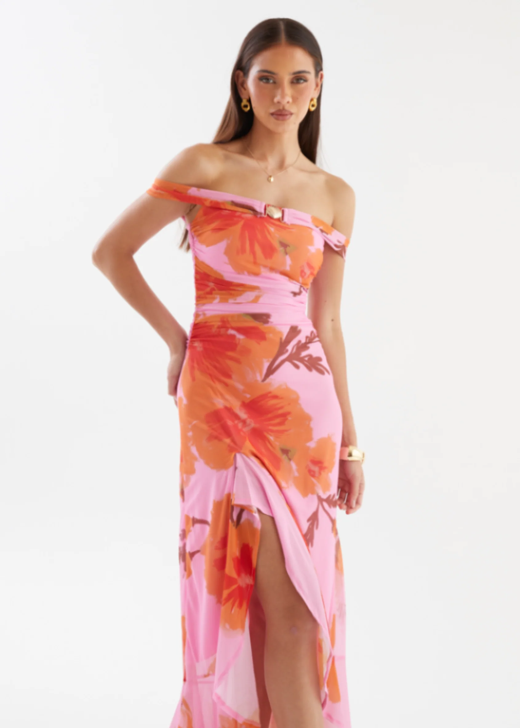 Jiya Off Shoulder Mesh Maxi Dress - Pink Hibiscus - Image 3