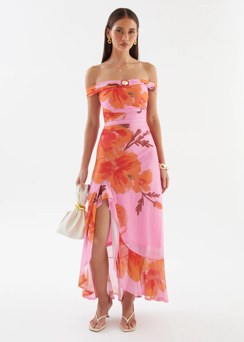 Jiya Off Shoulder Mesh Maxi Dress - Pink Hibiscus - Image 4