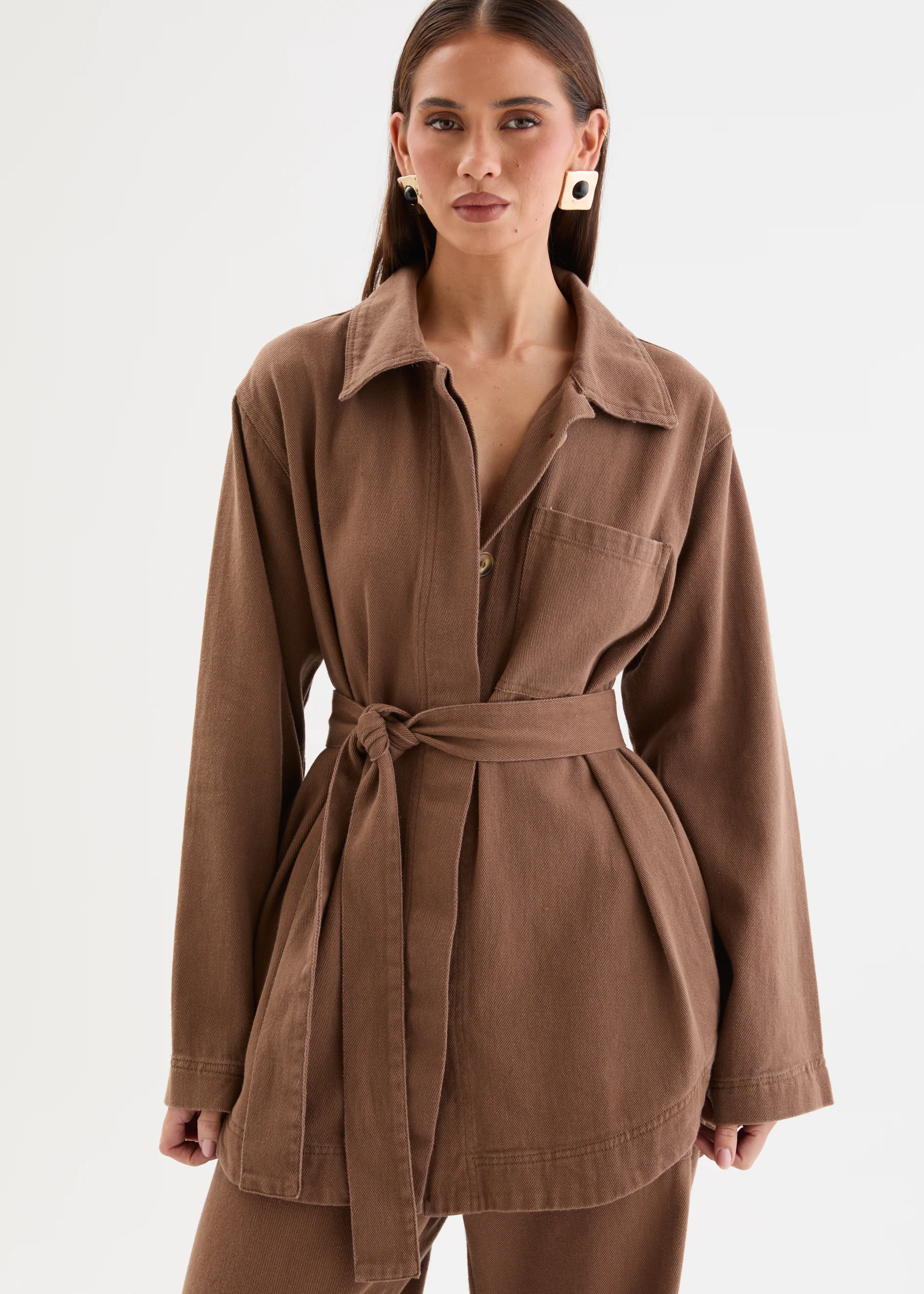 Jodey Denim Jacket with Tie - Mocha