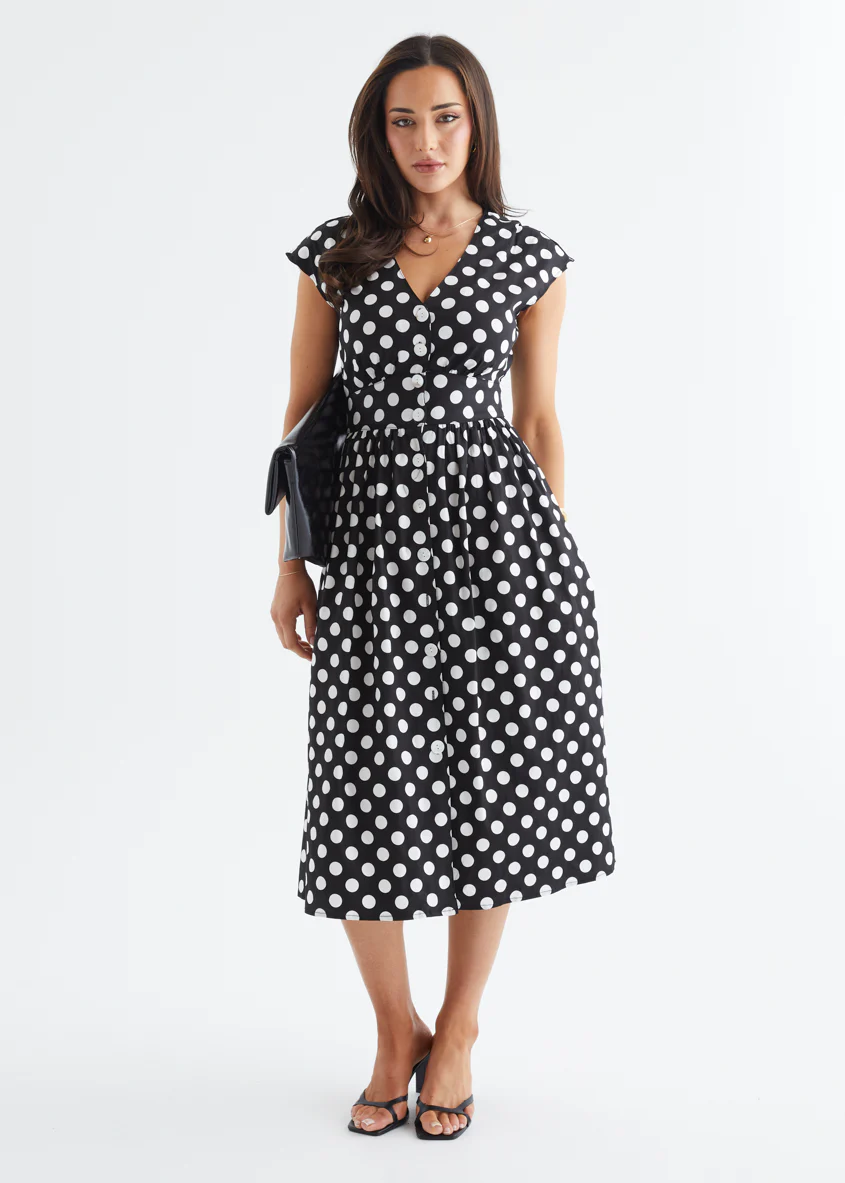 Jovianne Midi Dress - Black Polka