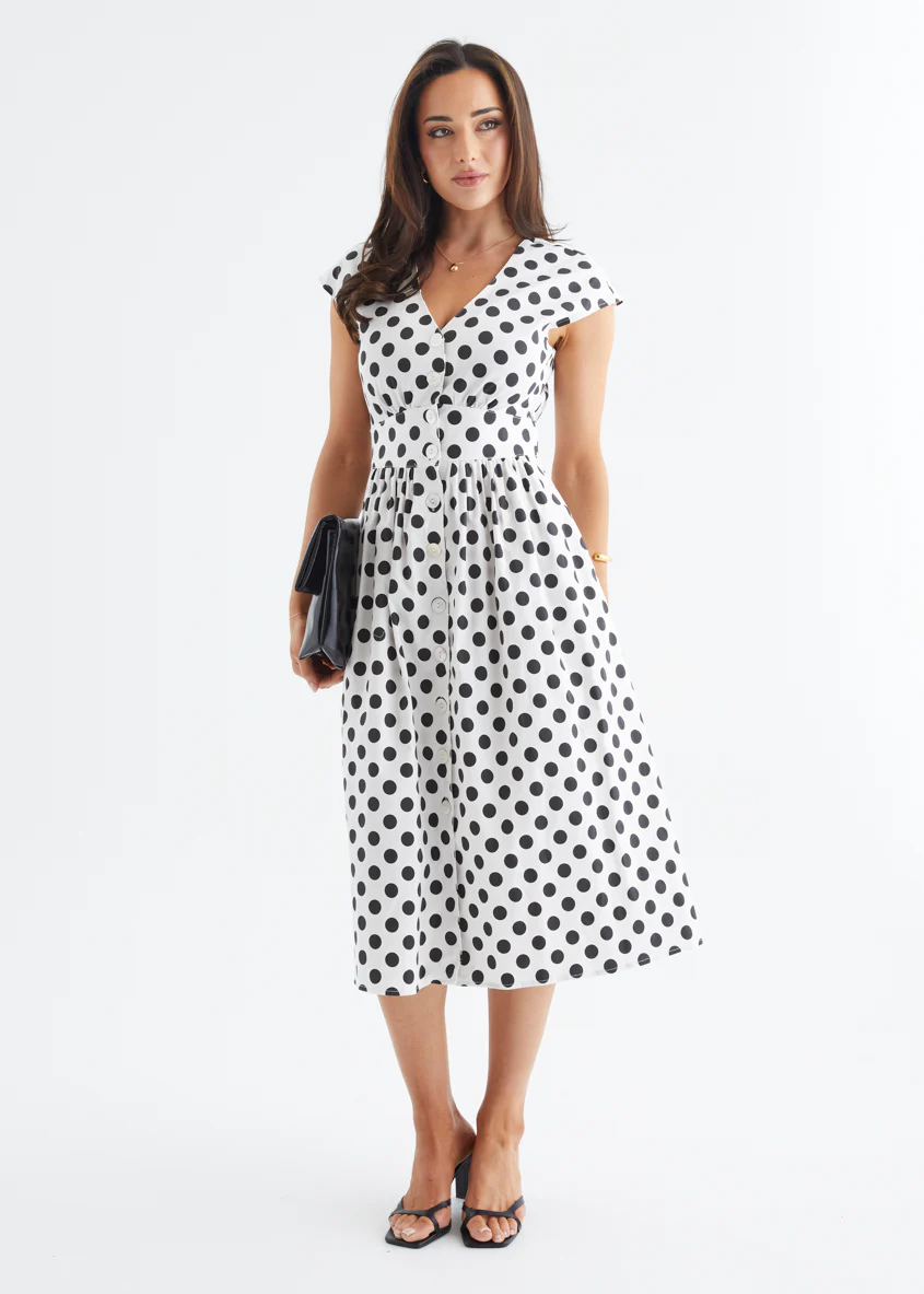 Jovianne Midi Dress - White Polka