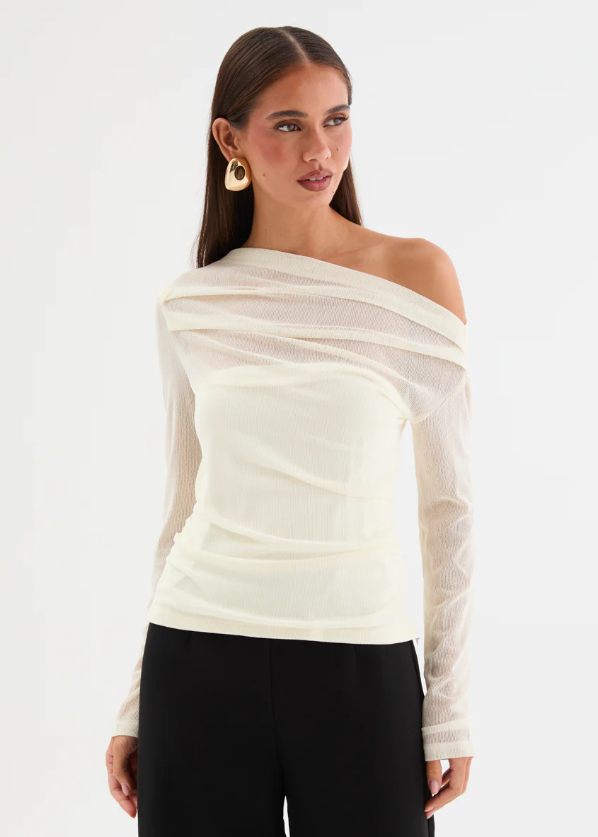 Kaliah Drop Shoulder Mesh Top - Ivory - Image 12