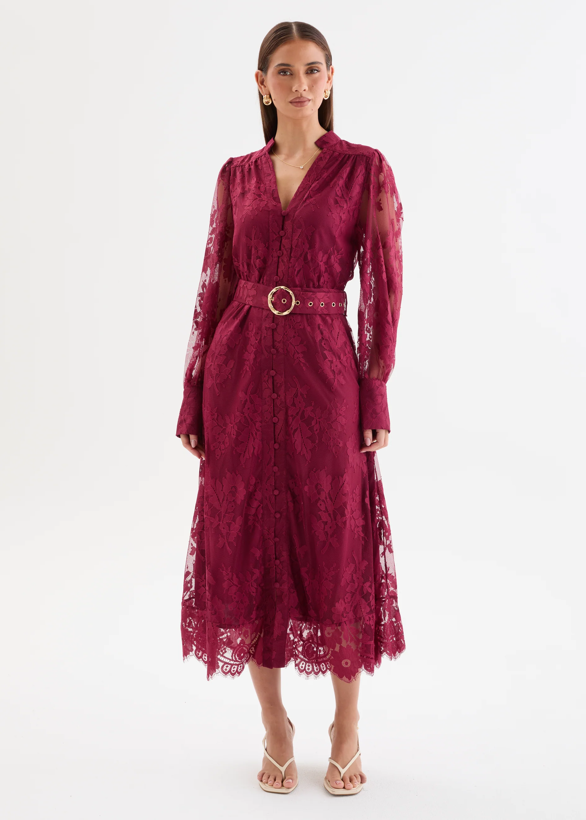 Kari Lace Midi Dress with Belt - Burgundy