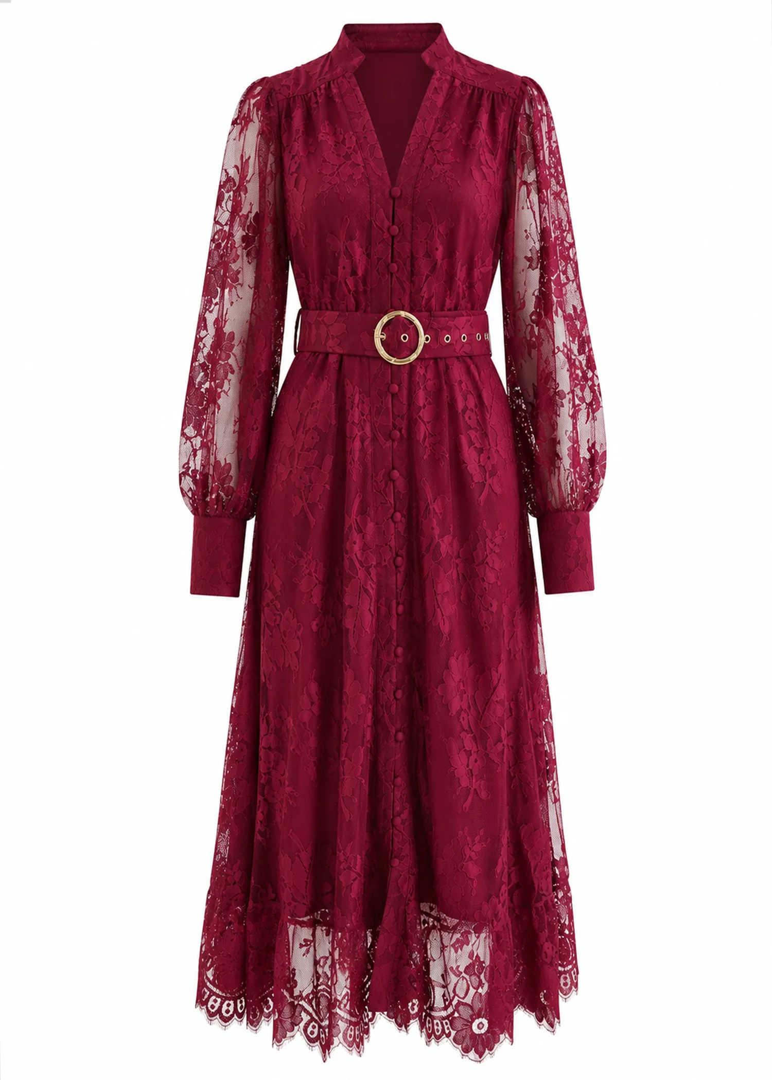 Kari Lace Midi Dress with Belt - Burgundy - Image 2