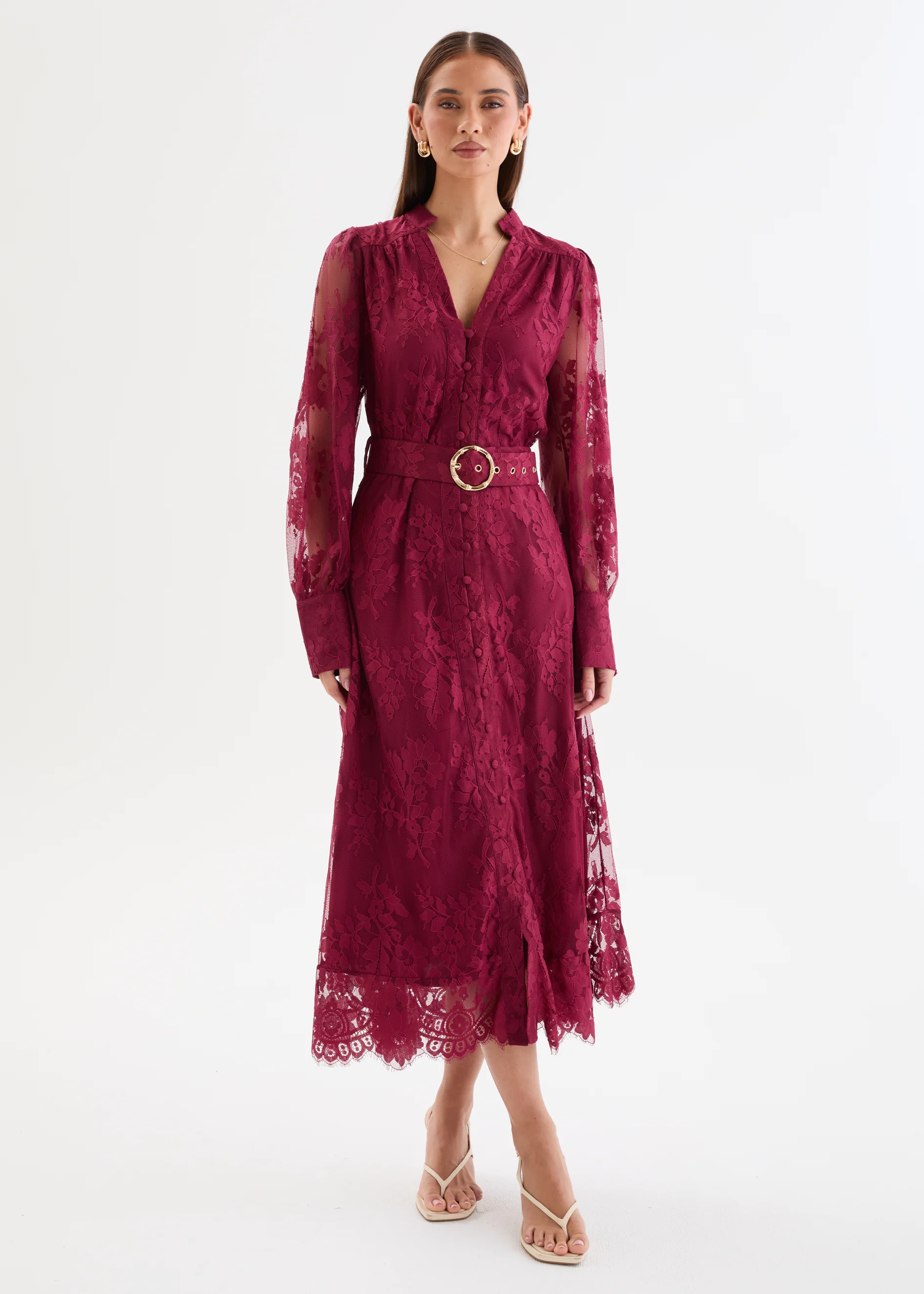 Kari Lace Midi Dress with Belt - Burgundy - Image 3