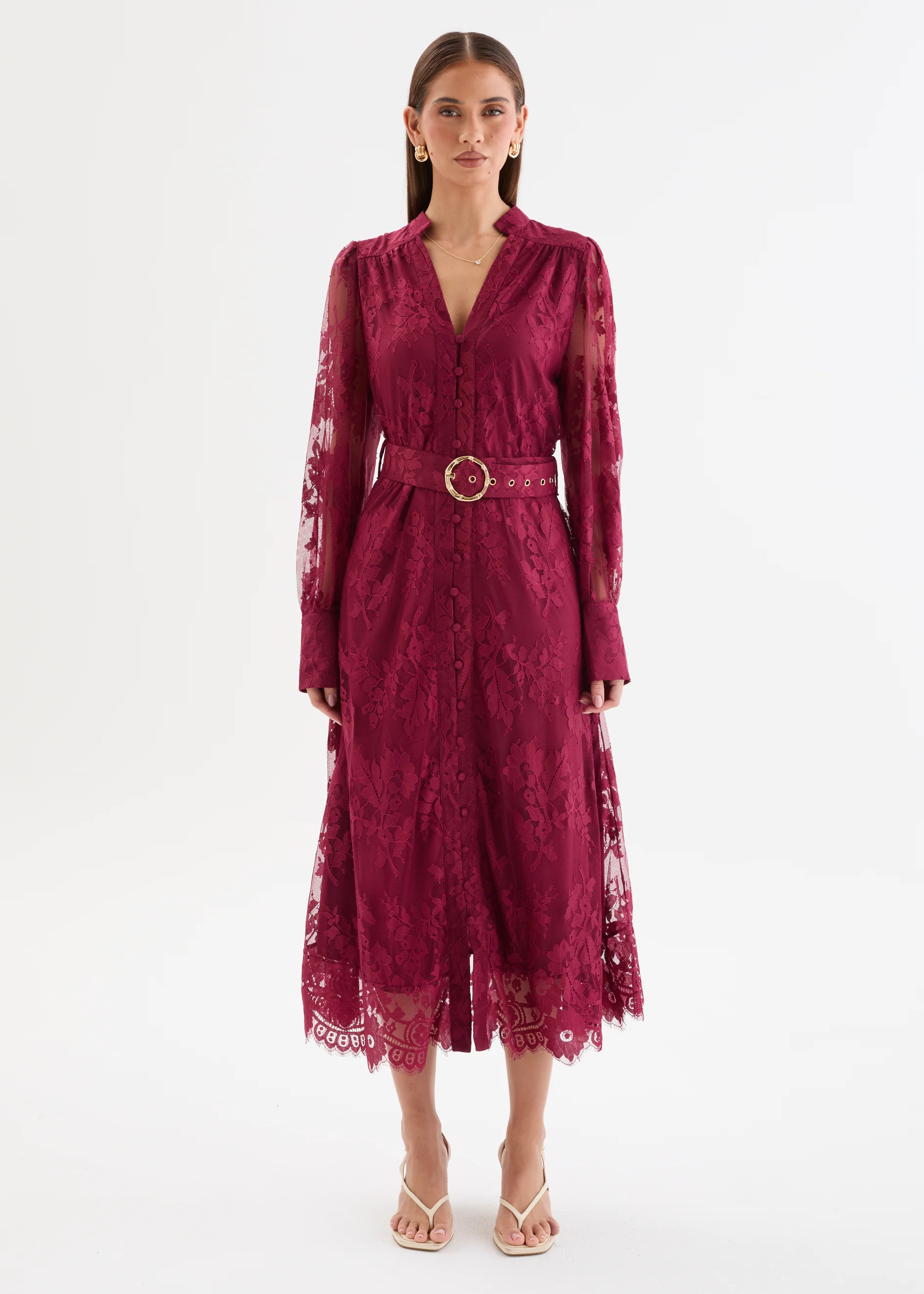 Kari Lace Midi Dress with Belt - Burgundy - Image 4