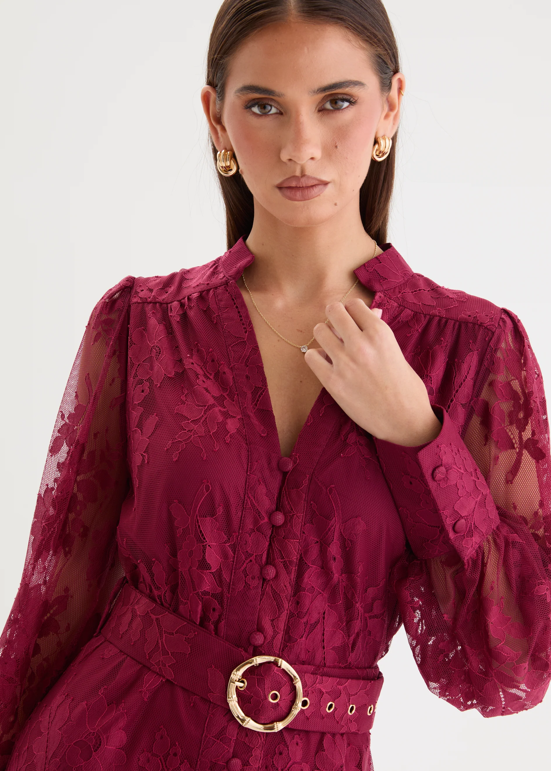 Kari Lace Midi Dress with Belt - Burgundy - Image 5