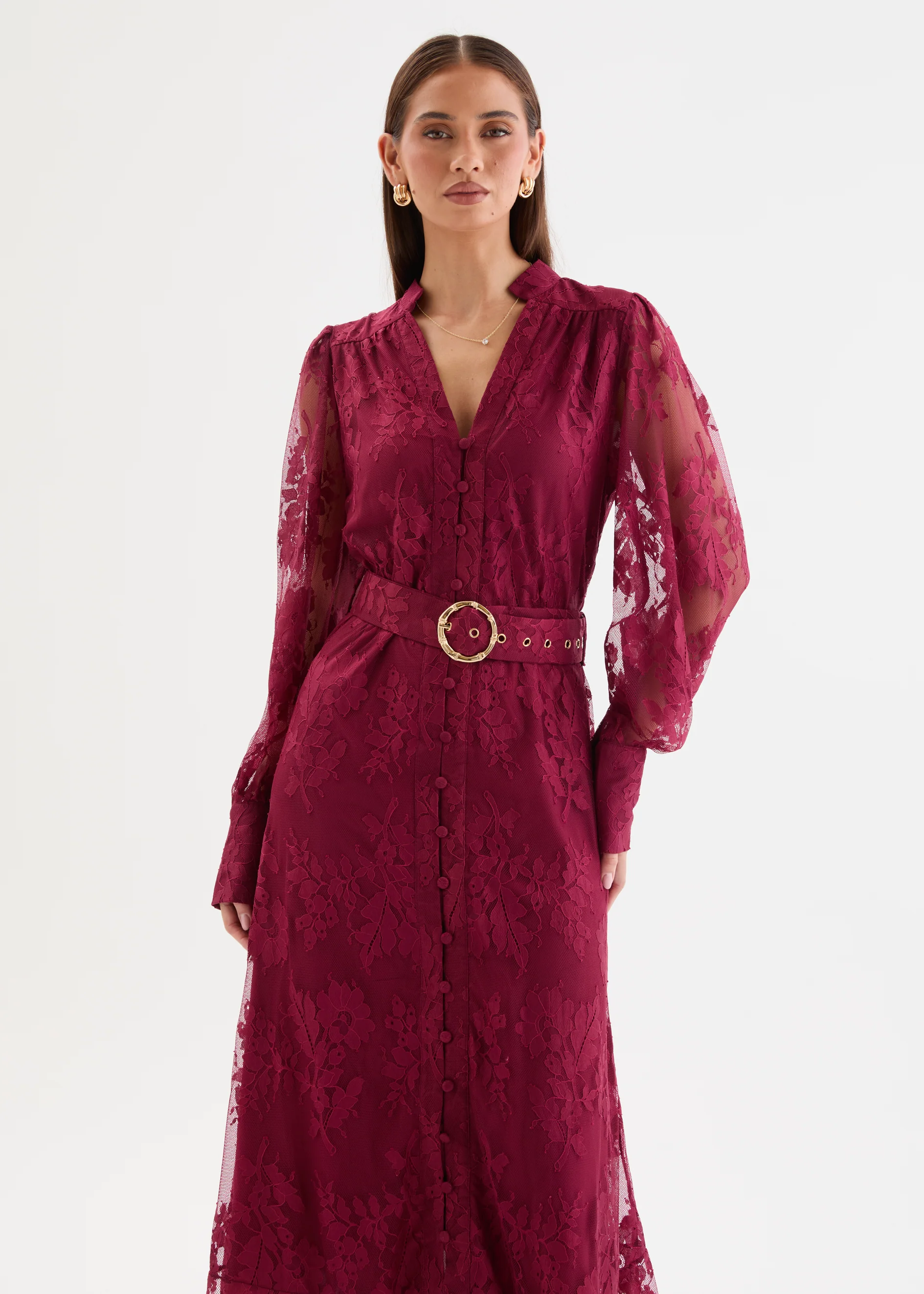 Kari Lace Midi Dress with Belt - Burgundy - Image 6