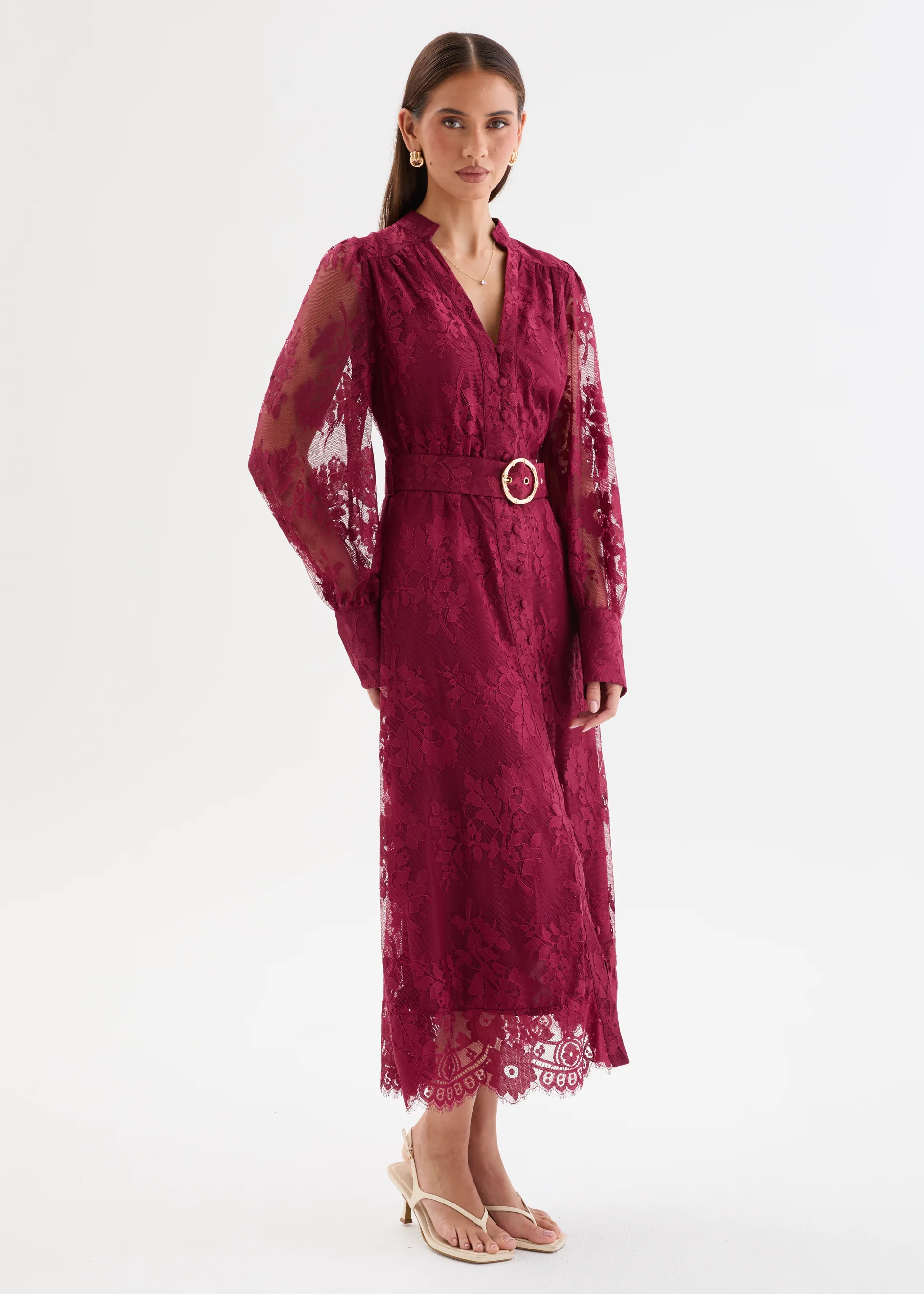 Kari Lace Midi Dress with Belt - Burgundy - Image 7
