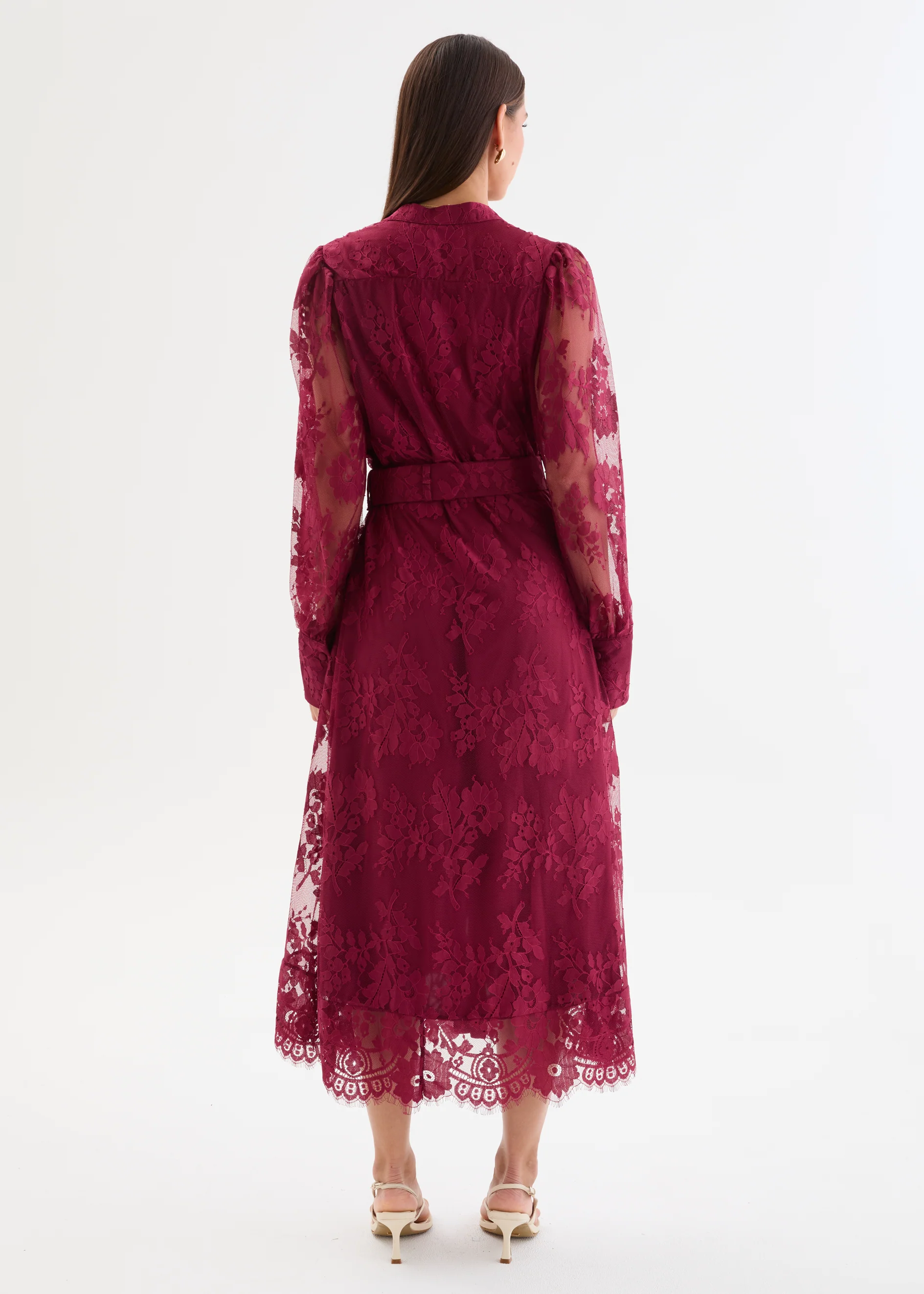 Kari Lace Midi Dress with Belt - Burgundy - Image 8