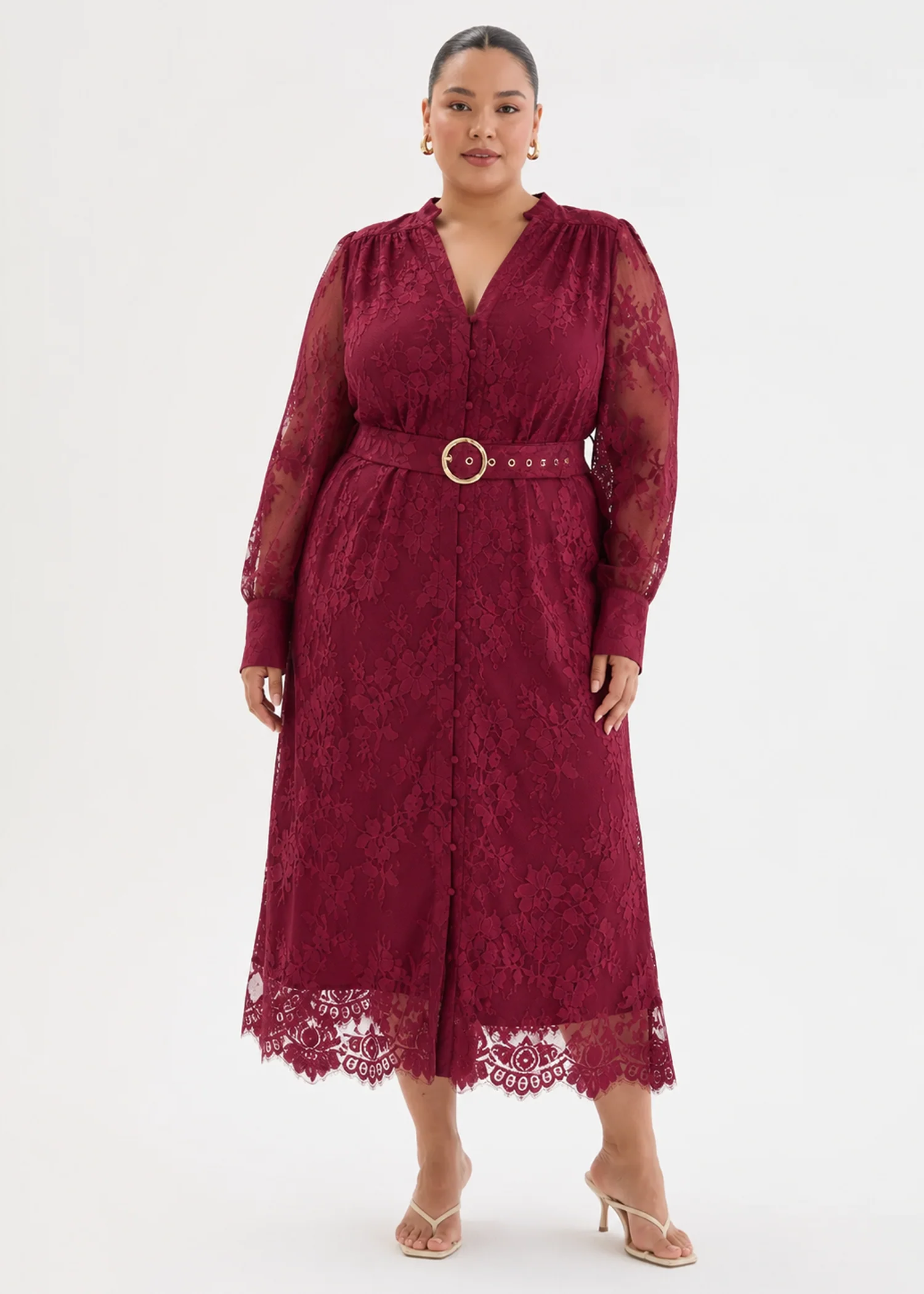 Kari Lace Midi Dress with Belt - Burgundy - Image 9
