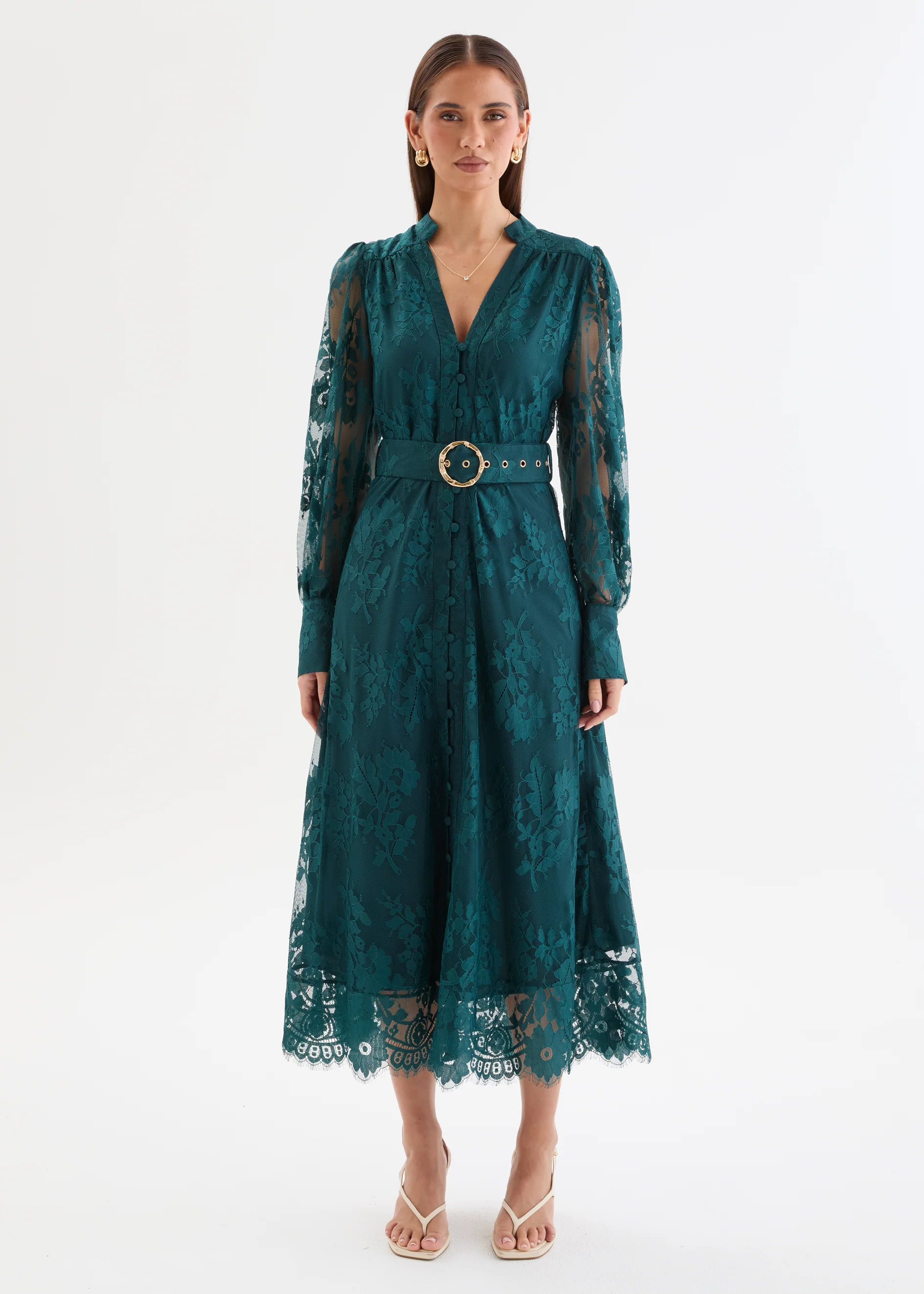 Kari Lace Midi Dress with Belt - Deep Teal