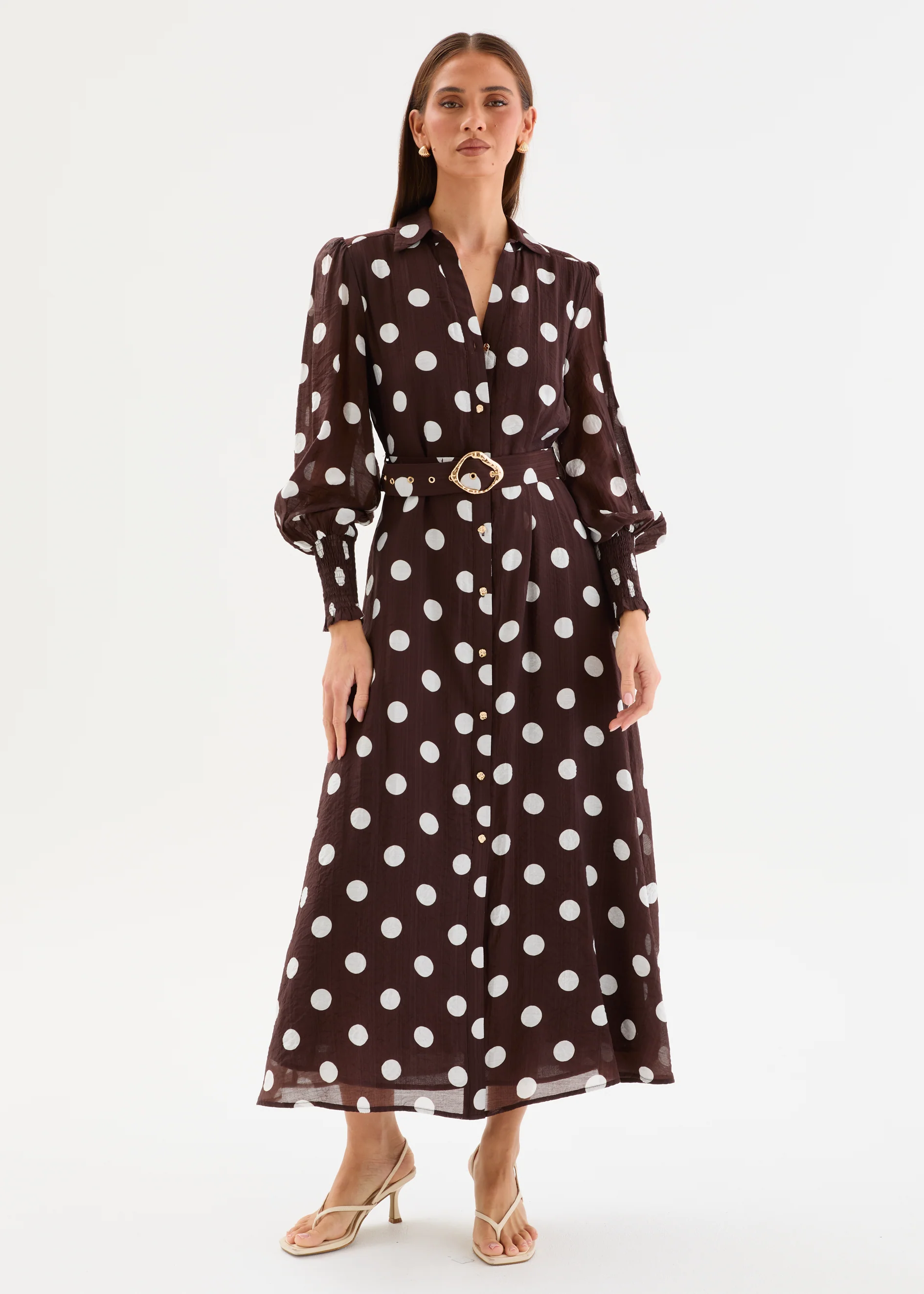 Kasie Maxi Dress with Belt - Chocolate Polka