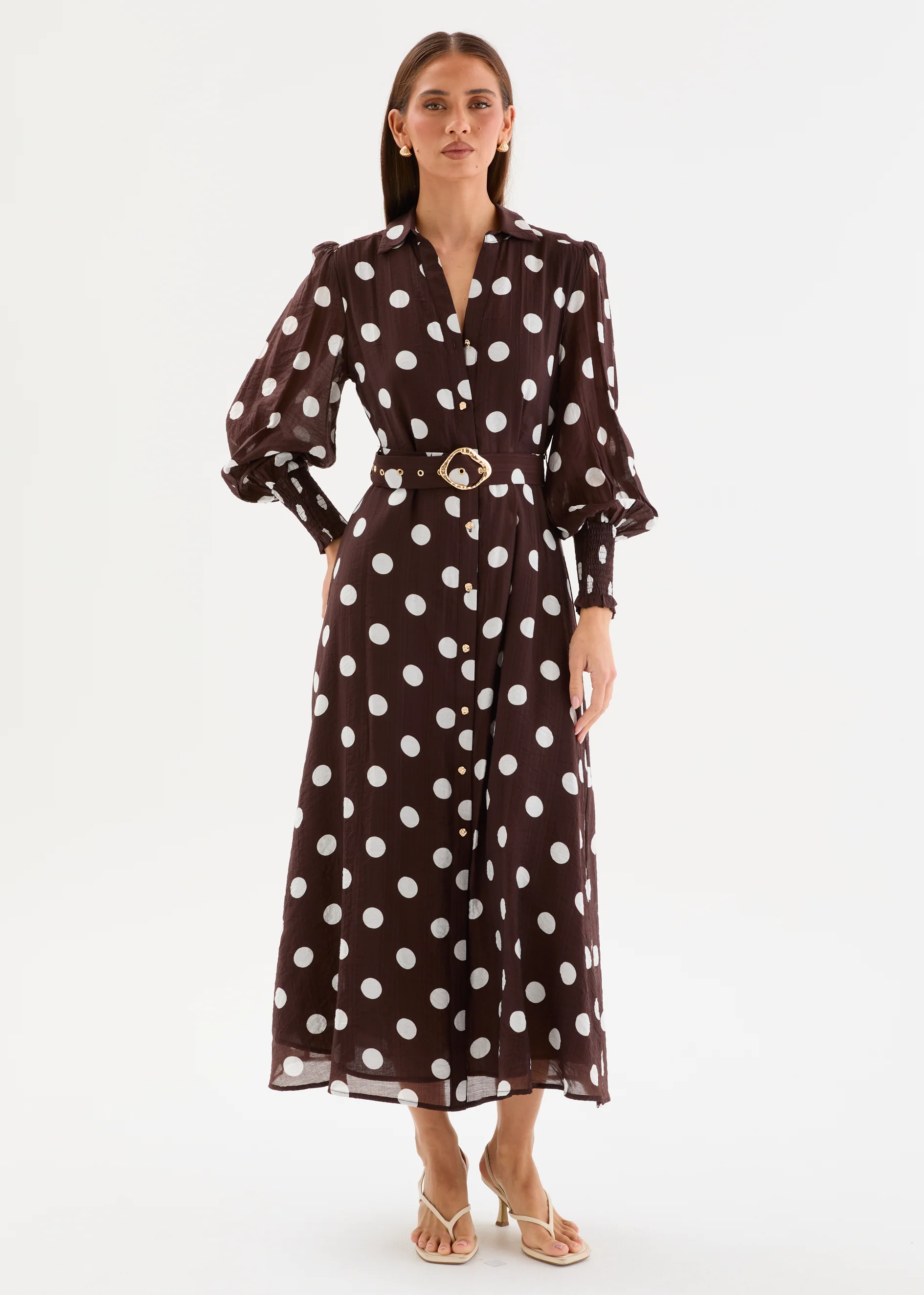 Kasie Maxi Dress with Belt - Chocolate Polka - Image 4
