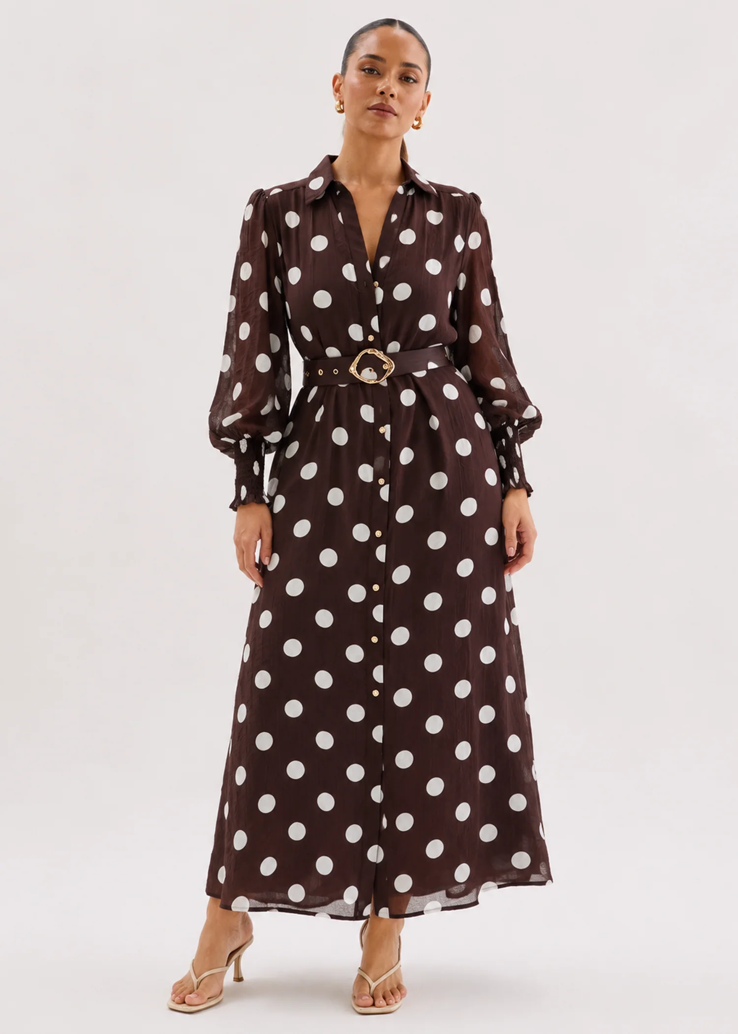 Kasie Maxi Dress with Belt - Chocolate Polka - Image 5