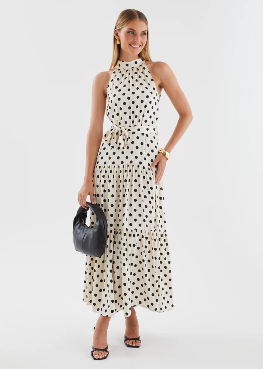 Katrina Halter Maxi Dress - Cream Polka