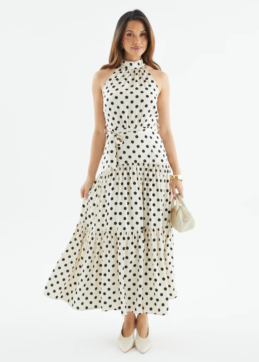 Katrina Halter Maxi Dress - Cream Polka - Image 14