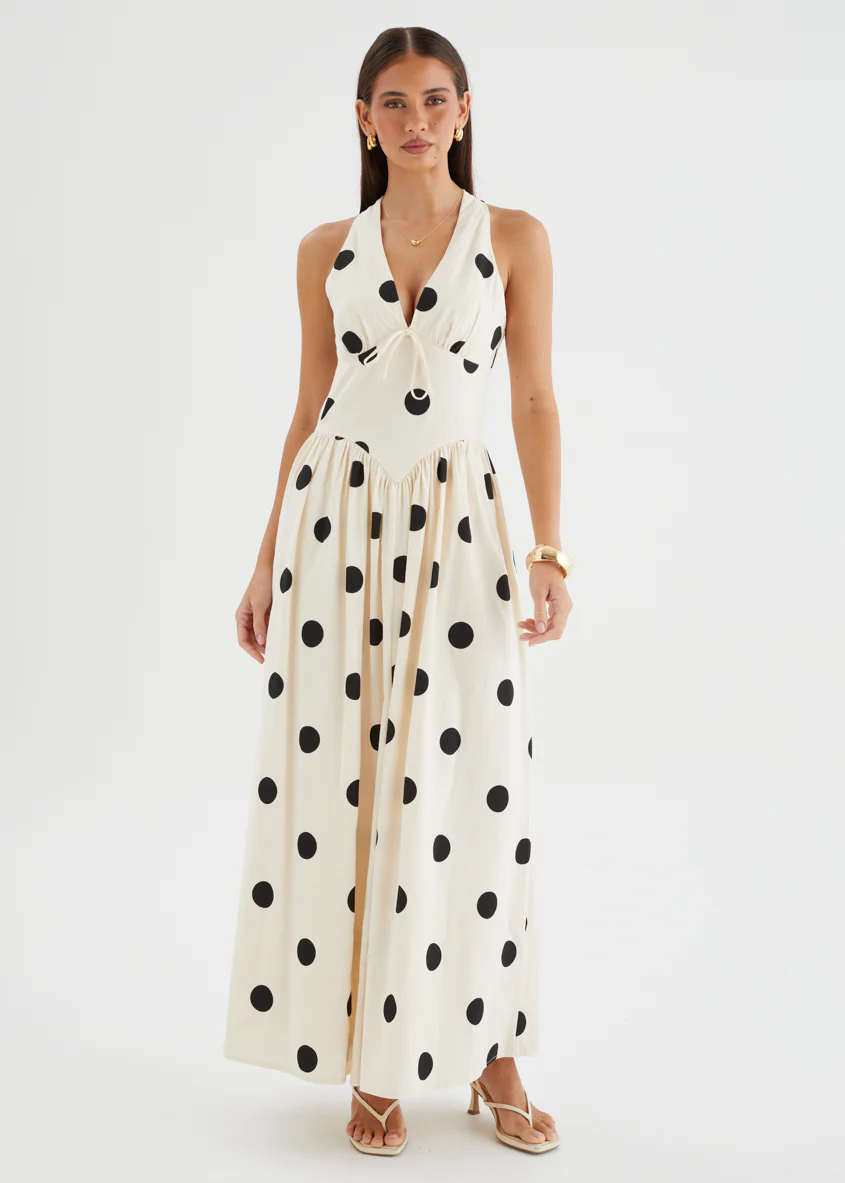 Kelsy Halter Maxi Dress - Beige Polka