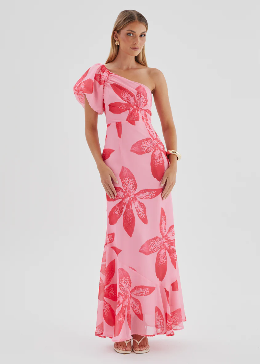 Kiah One Shoulder Maxi Dress - Pink Flowers - Image 2