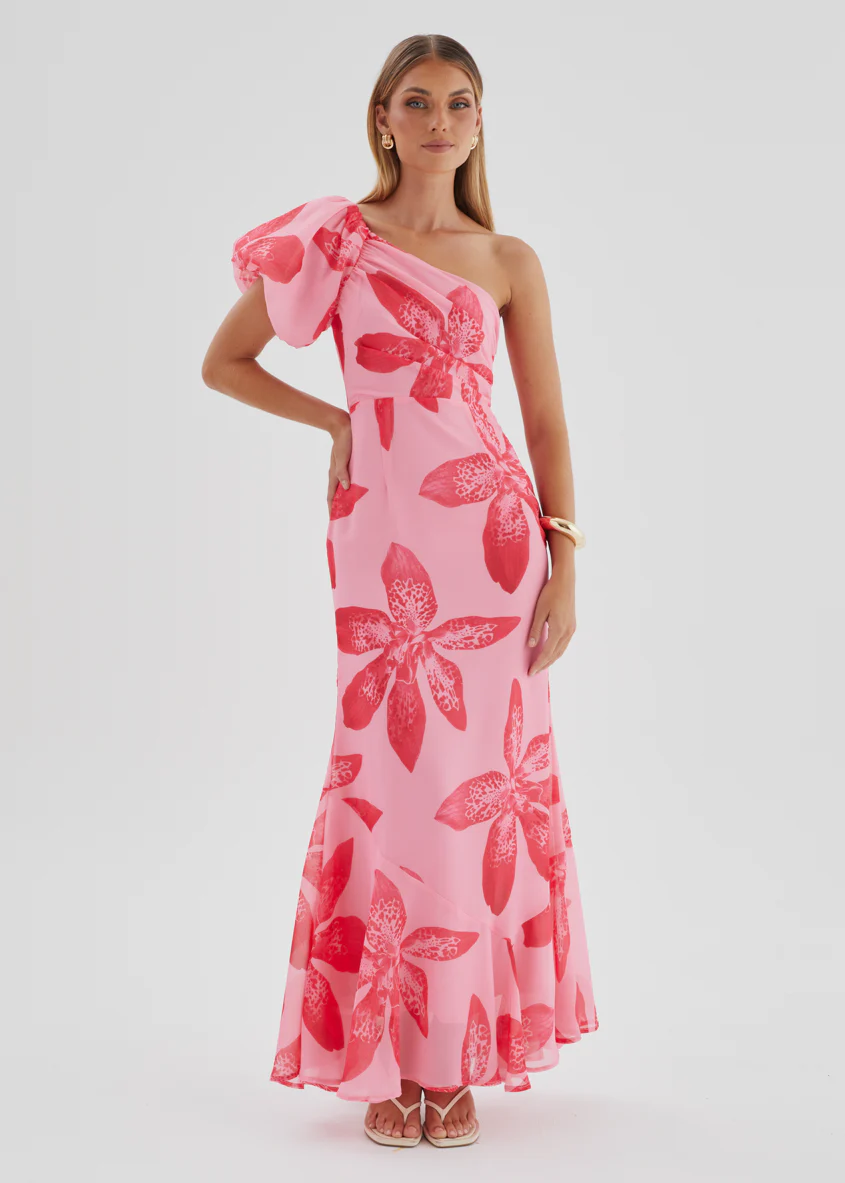 Kiah One Shoulder Maxi Dress - Pink Flowers - Image 4