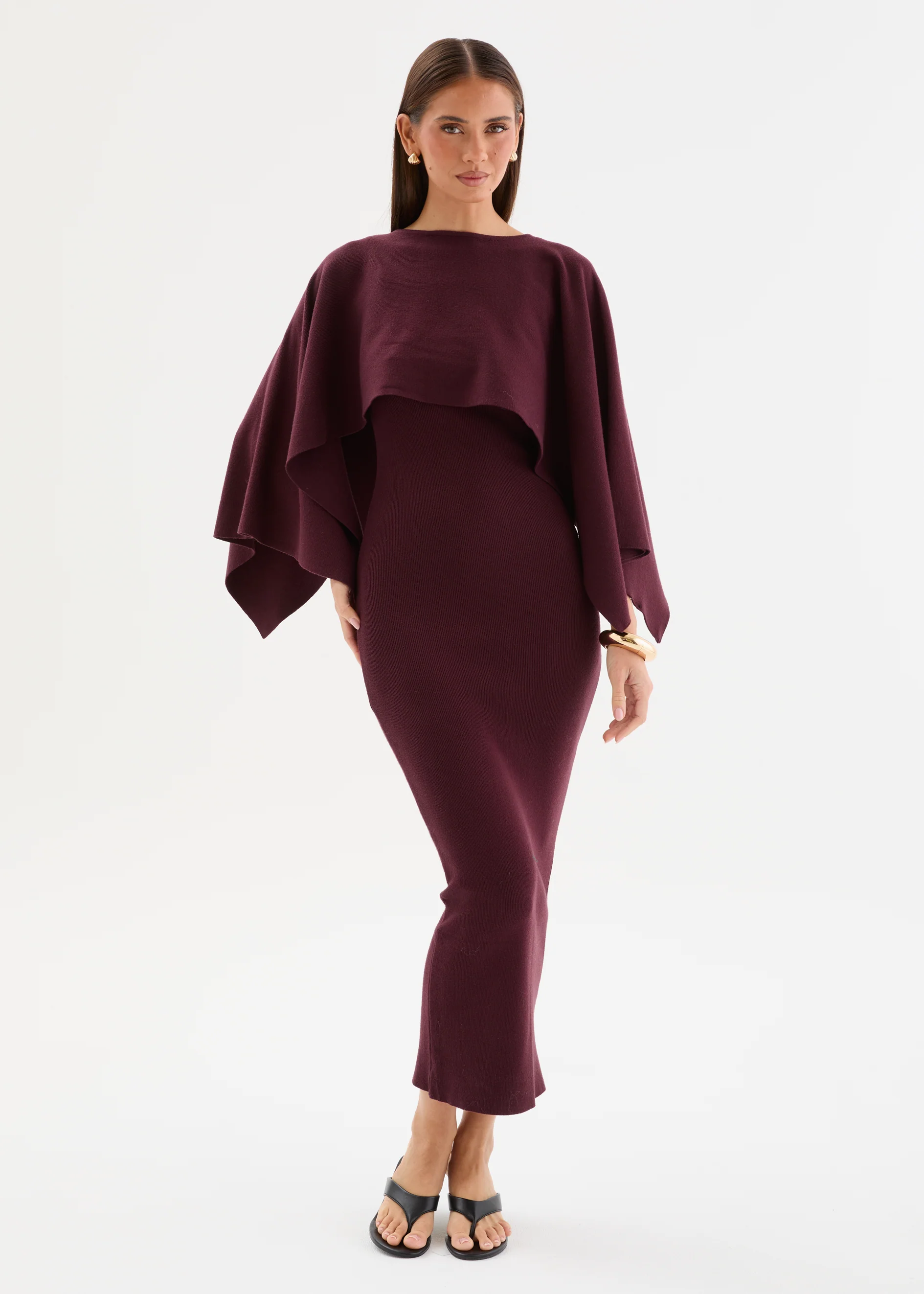 Kloudia Cape Knit Midi Dress - Dark Maroon - Image 3