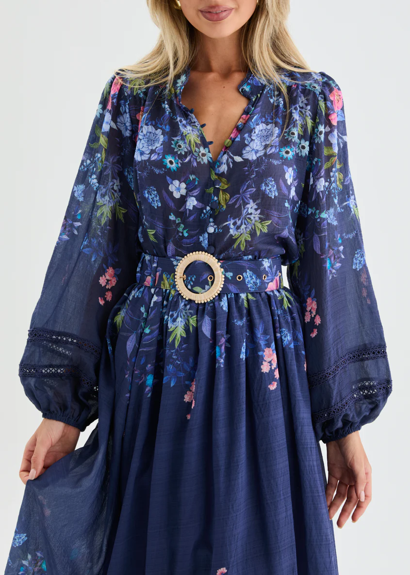 Latecia Midi Skirt with Belt - Lapis Floral - Image 10