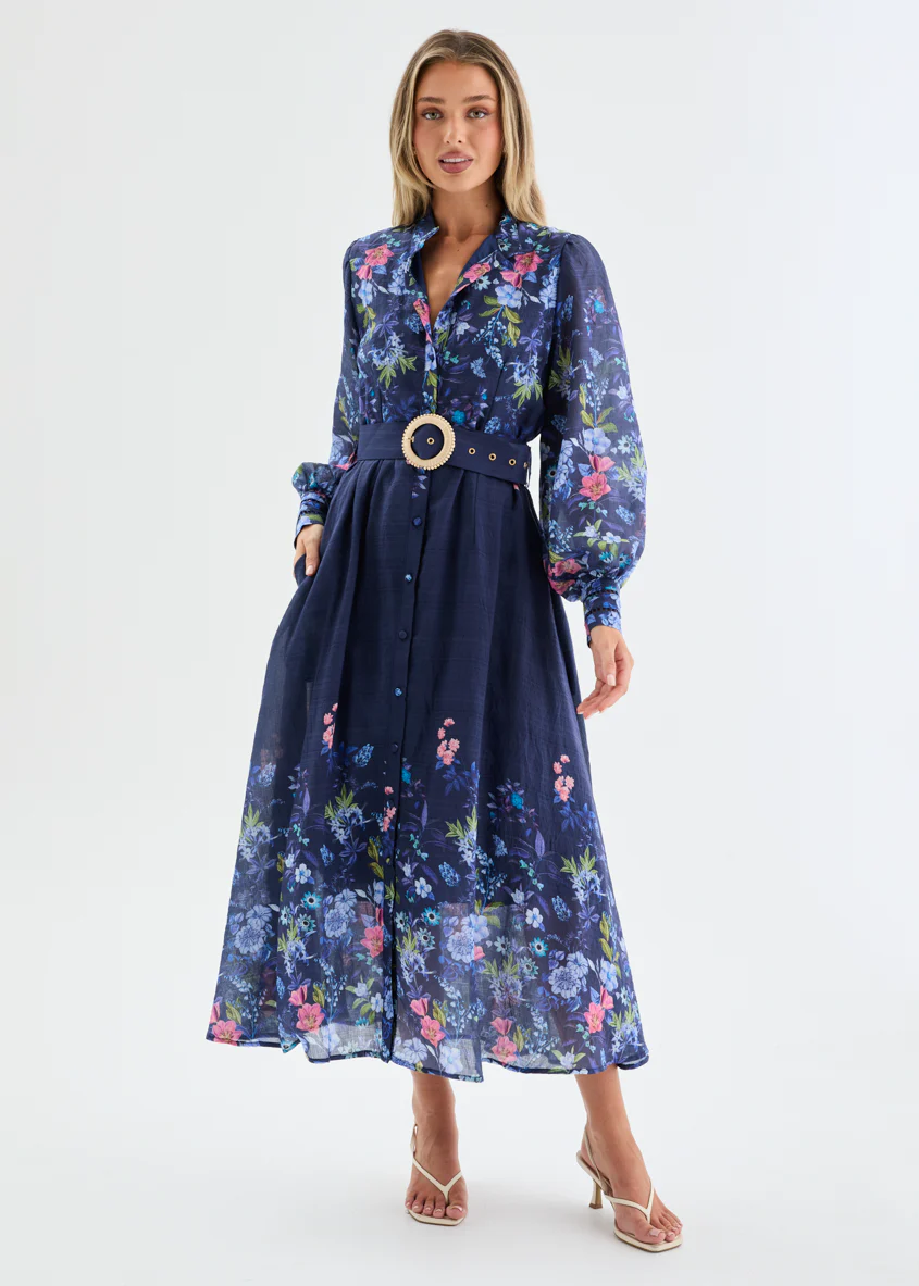 Latona Midi Dress with Belt - Lapis Floral