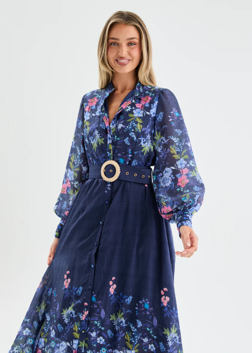 Latona Midi Dress with Belt - Lapis Floral - Image 5