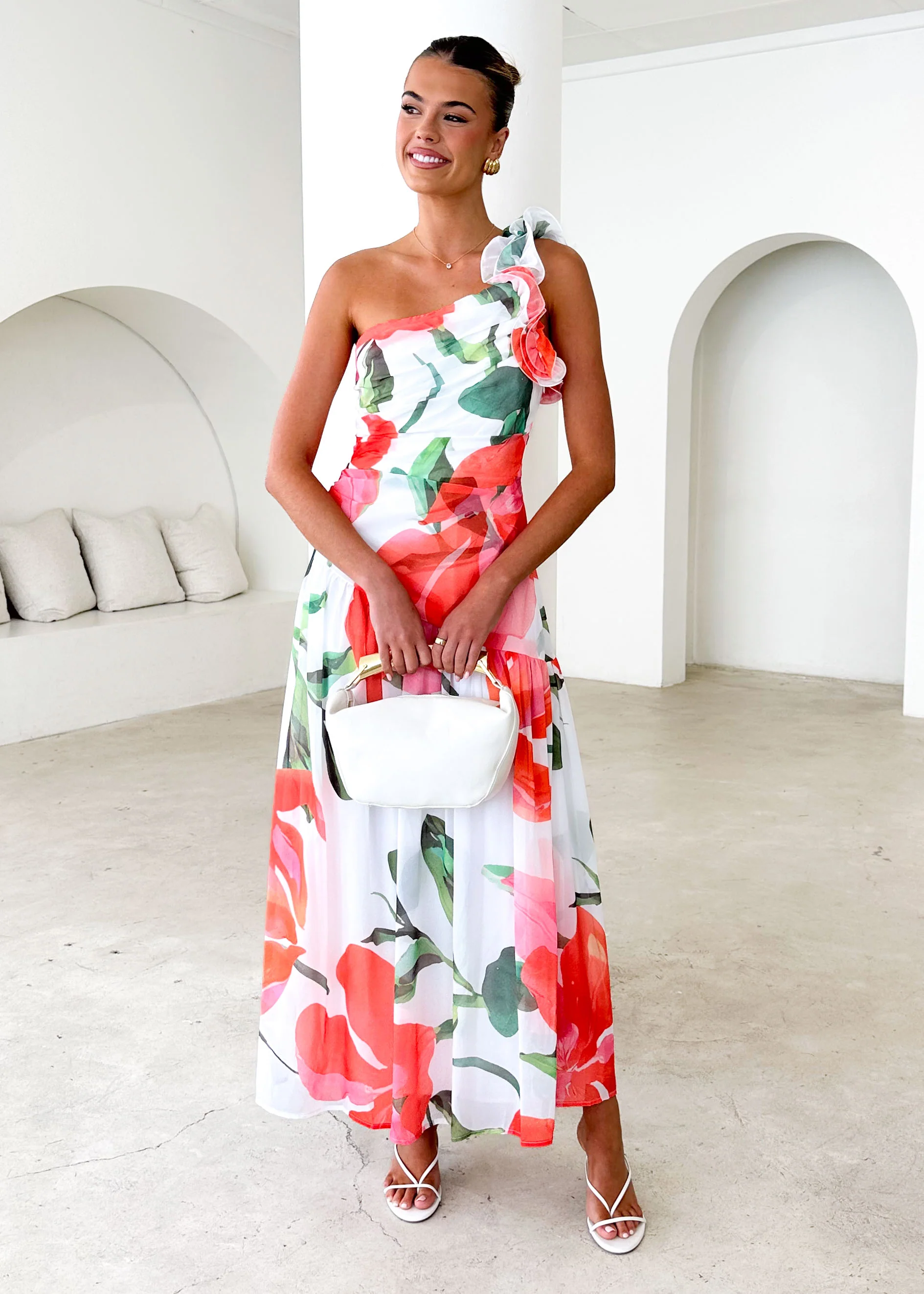 Lentara One Shoulder Maxi Dress - Red Flowers - Image 3